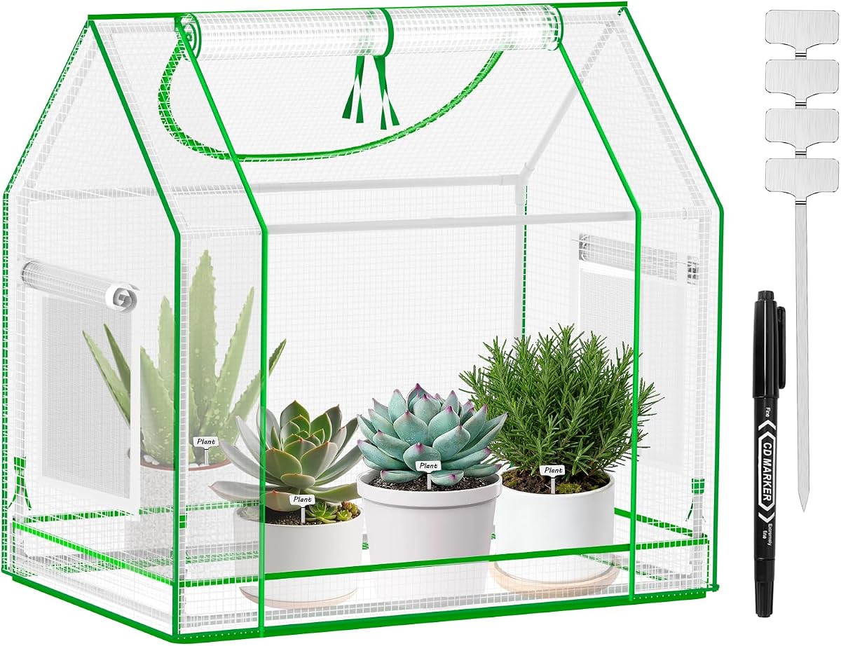 Mini Greenhouse Indoor with Waterproof PE Bottom Mat, 27.5x19.6x27.1in Tabletop Greenhouse for Seed Starting, Portable Small Greenhouse for Outdoors, Multi-Window Design & 4 304 Stainless Steel Labels