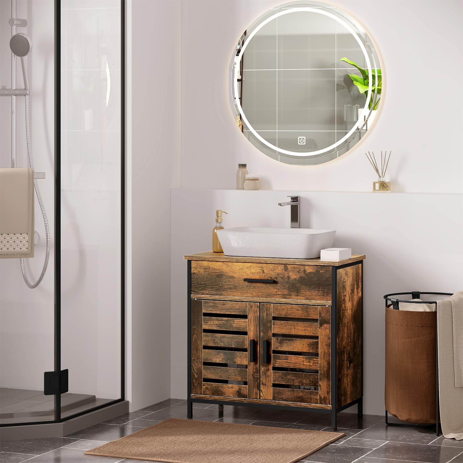 EUGAD Mobiletto, Mobile Lavabo, Mobile Bagno, con 1 Cassetto Grande, 2 Ante a Ribalta, Ripiano Regolabile, MDF, 60x30x60cm, Marrone Rustico