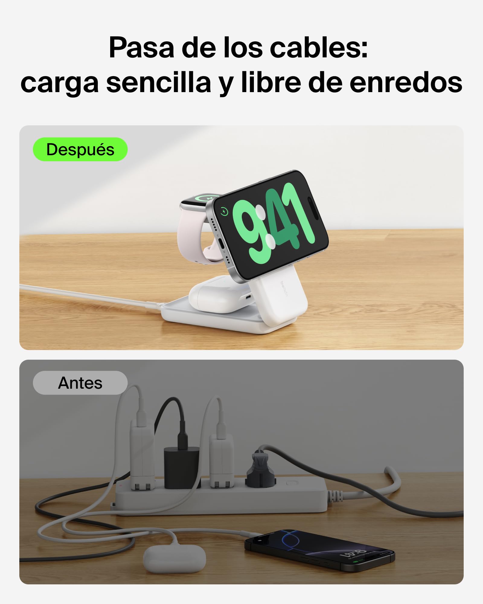 Belkin UltraCharge Cargador Inalámbrico 3 en 1 Qi2, 25W, Cargador Magnético Compatible con MagSafe, Estación de Carga para iPhone 17, Air, Apple Watch, AirPods, Pixelsnap, Adaptador de 45W - Blanco