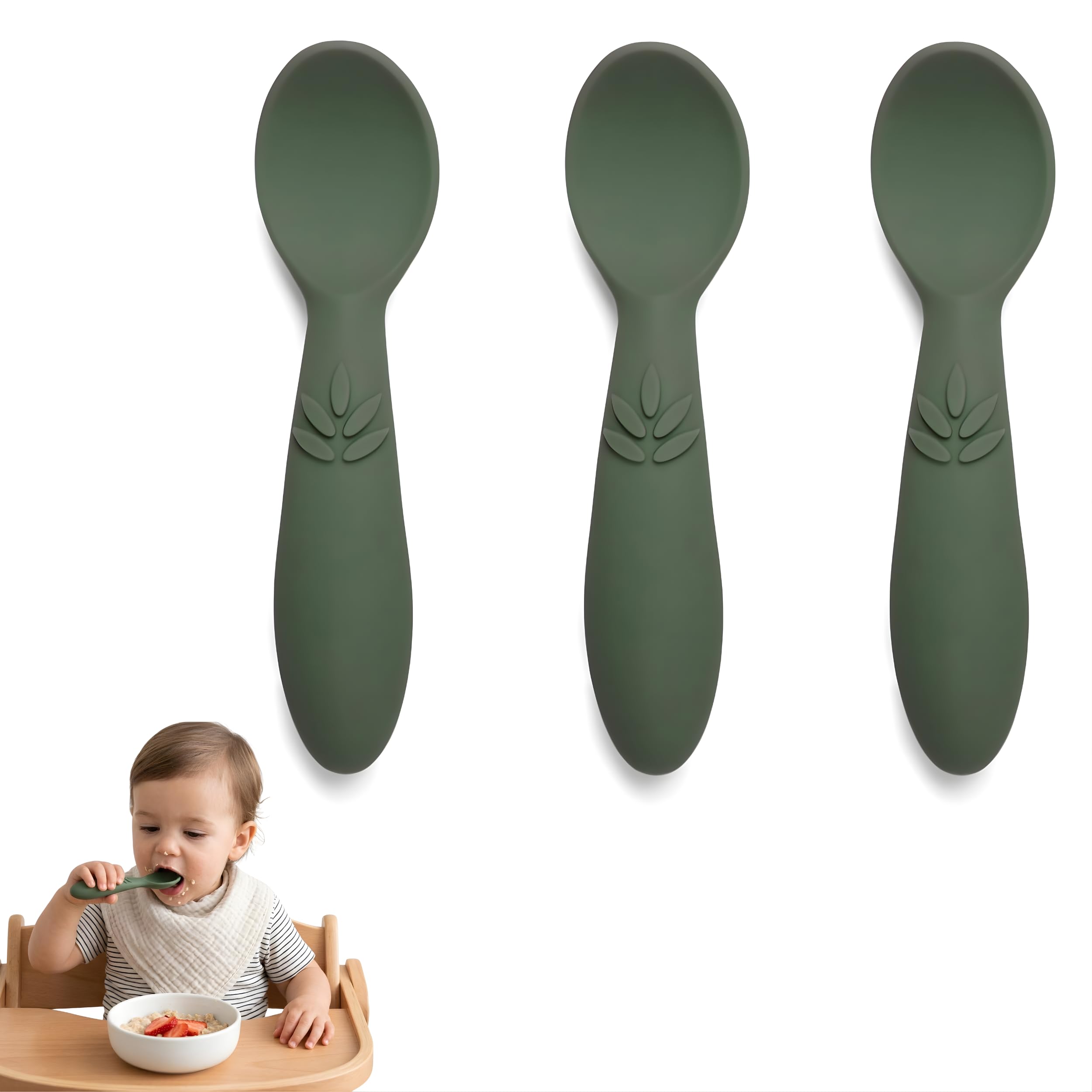 Nuuroo Baby Starter Silicone Spoons – 3 Pack, Soft Silicone Baby Spoons, BPA-Free, Flexible Toddler Cutlery for Self-Feeding, Dishwasher Safe Durable Utensils, Designed in Denmark (Dusty Green)