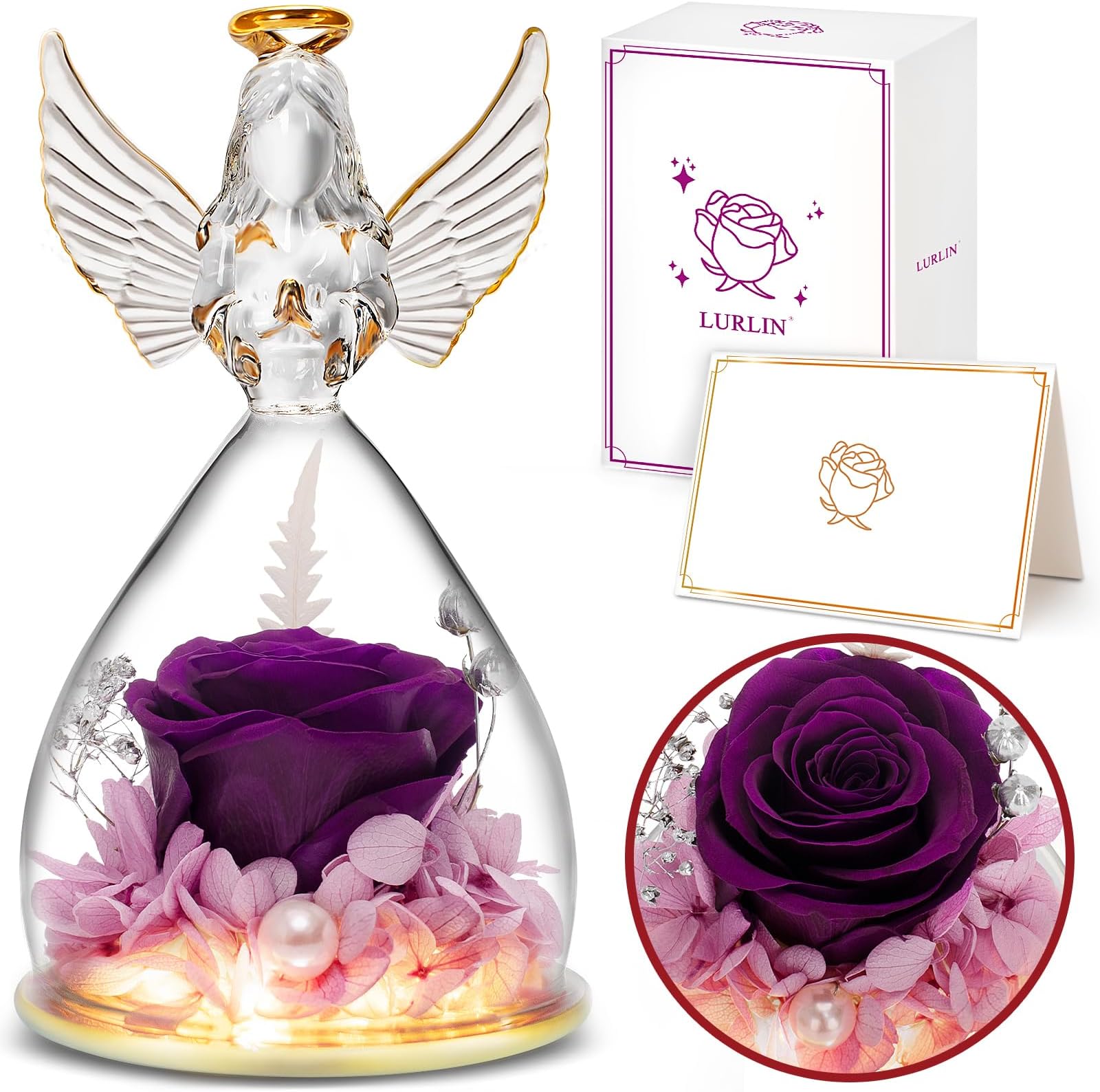 - LURLIN Birthday Rose Gifts for Women, Preserved Flowers & LED Angel Figurines for Mom, Grandma, Wife, Friend, Teacher, Nurse & Anniversary Day Girls