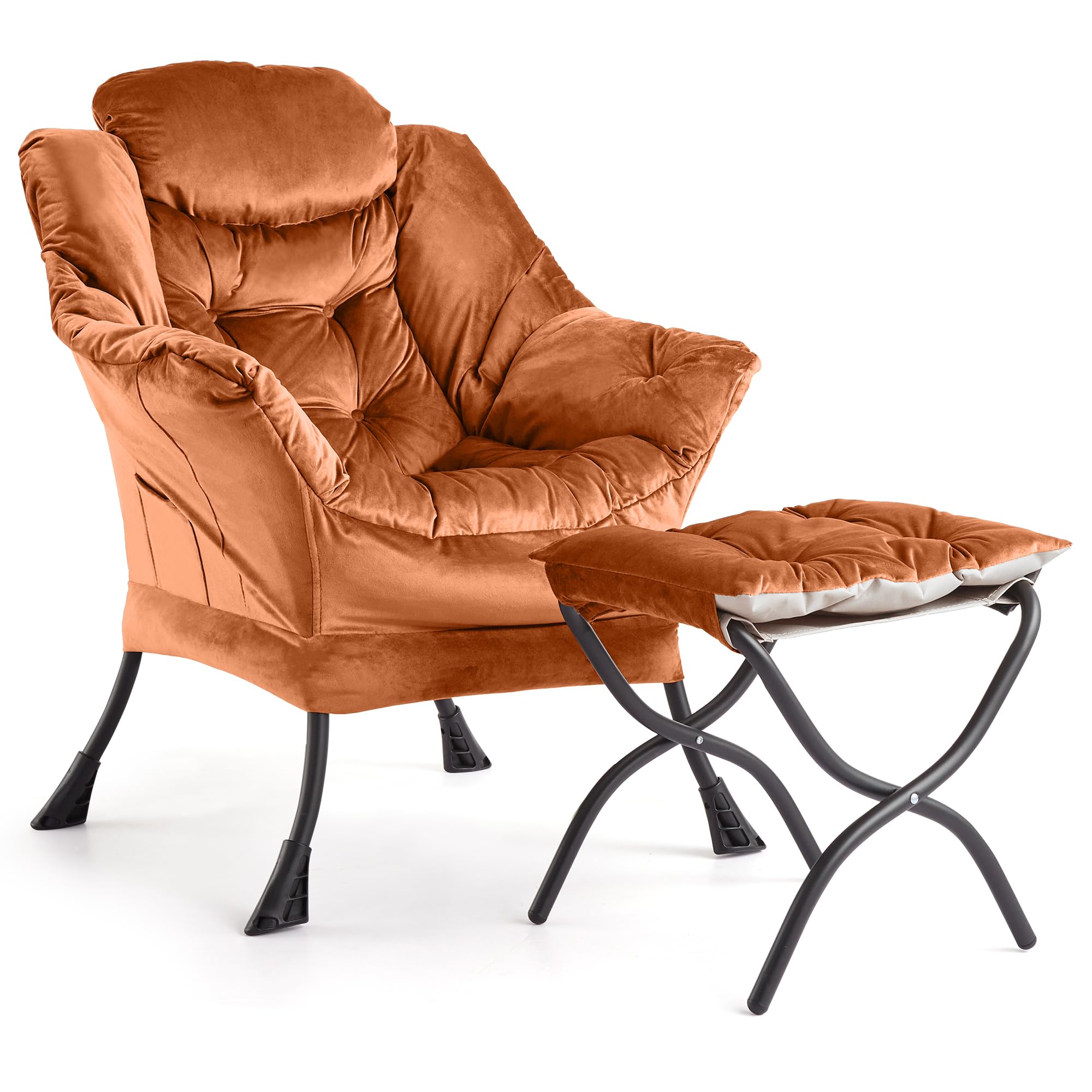 AffinityFurn Armchair Accent Chair Set with Footstool, Modern Lazy Lounge Reading Chair Set, 400LB Capacity, Adjustable Recliner, Removable Cushion, Side Pocket – Dutch Velvet, Orange