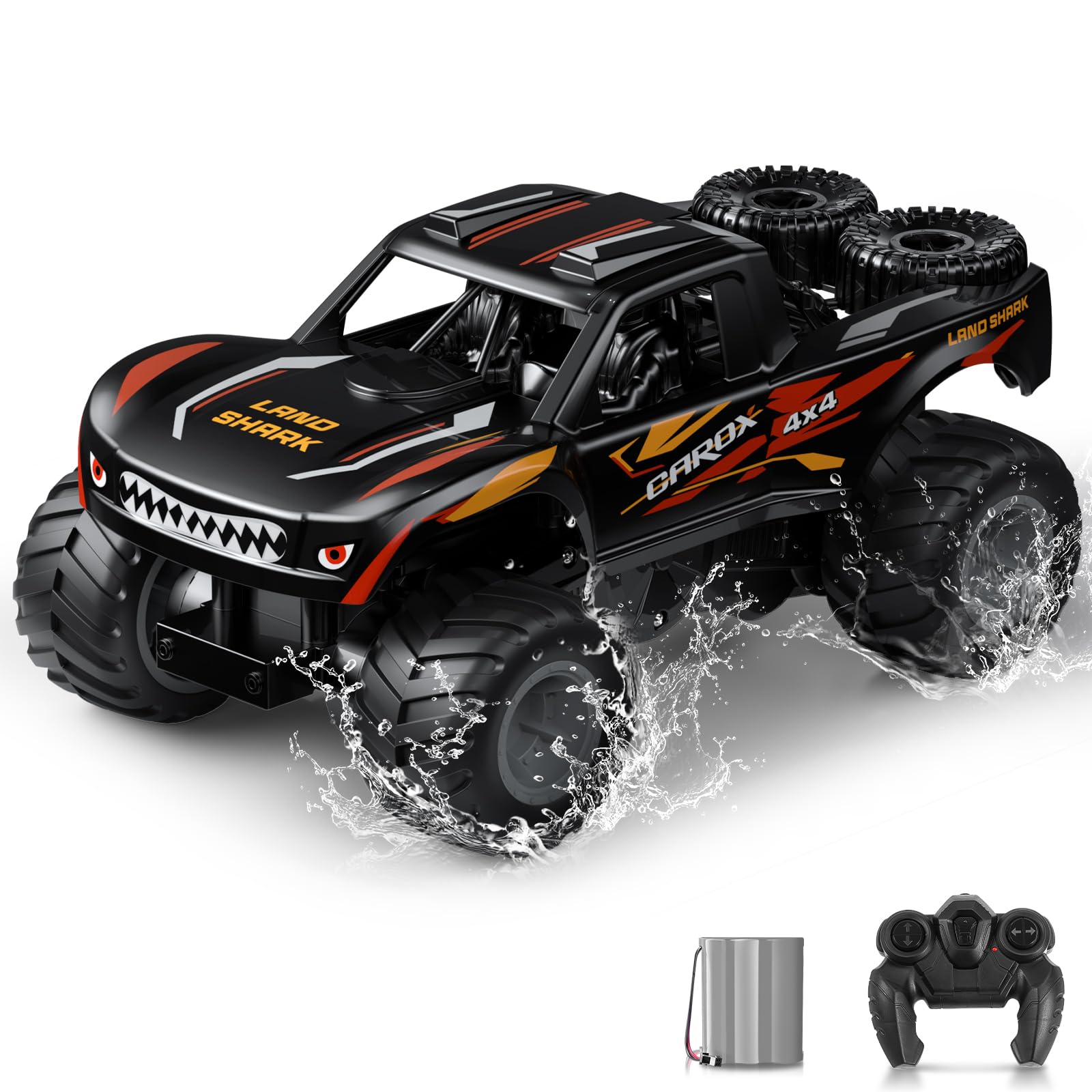 Carox 1:16 Scale Amphibious Remote Control Car Truck, 2.4GHz Shark Monster Truck, Waterproof RC Truck, 4WD All Terrain Off Road Car, Pool Toy Water Toy for Kids Ages 4 5 6 7 8 9 10 12