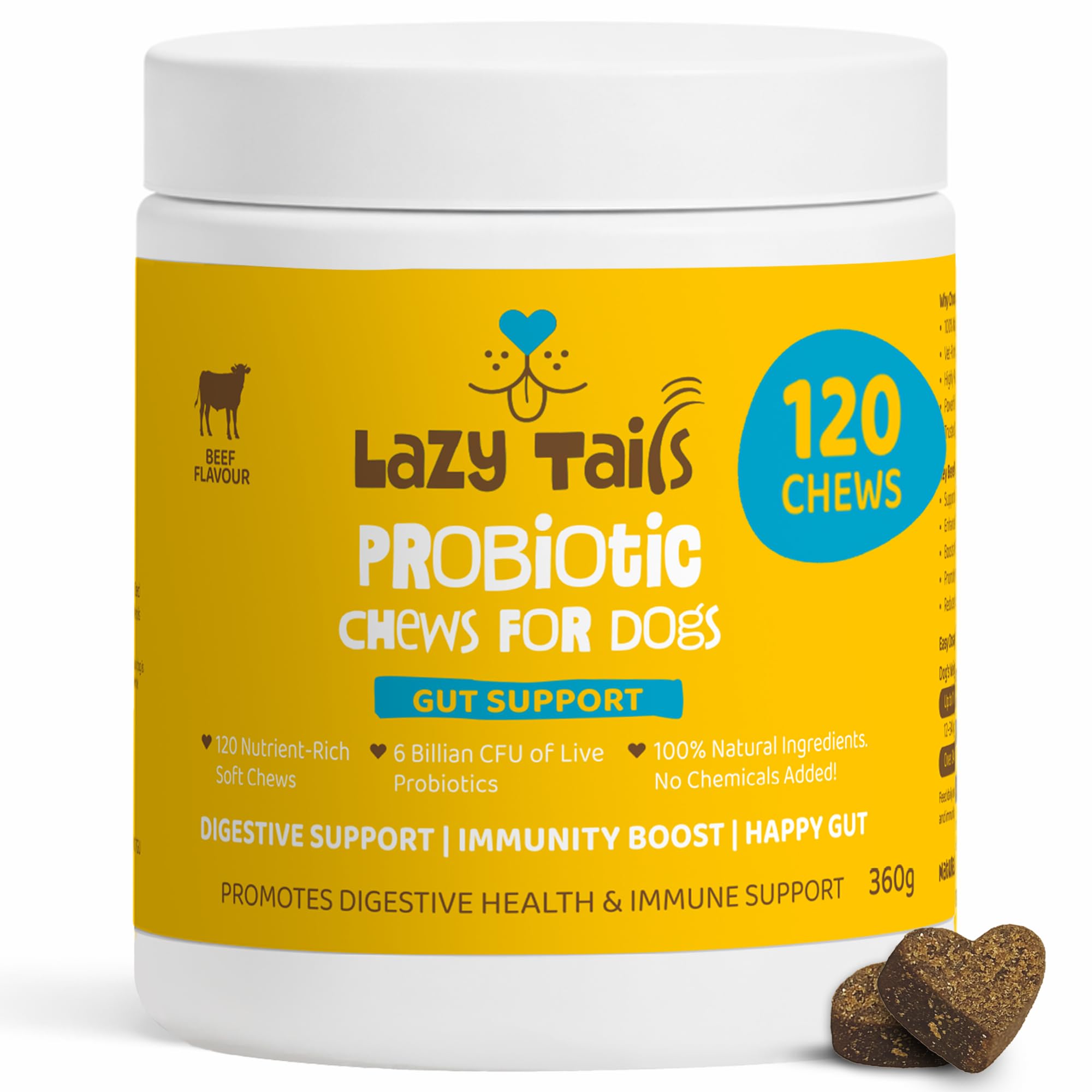 LAZY TAILS Probiotics Chews for Dogs – 120 Soft Dog Chews – Supports Gut Health, Stool Quality & Digestive Balance - Natural Beef Flavor – Probiotics Dog Treats for All Breeds & Sizes