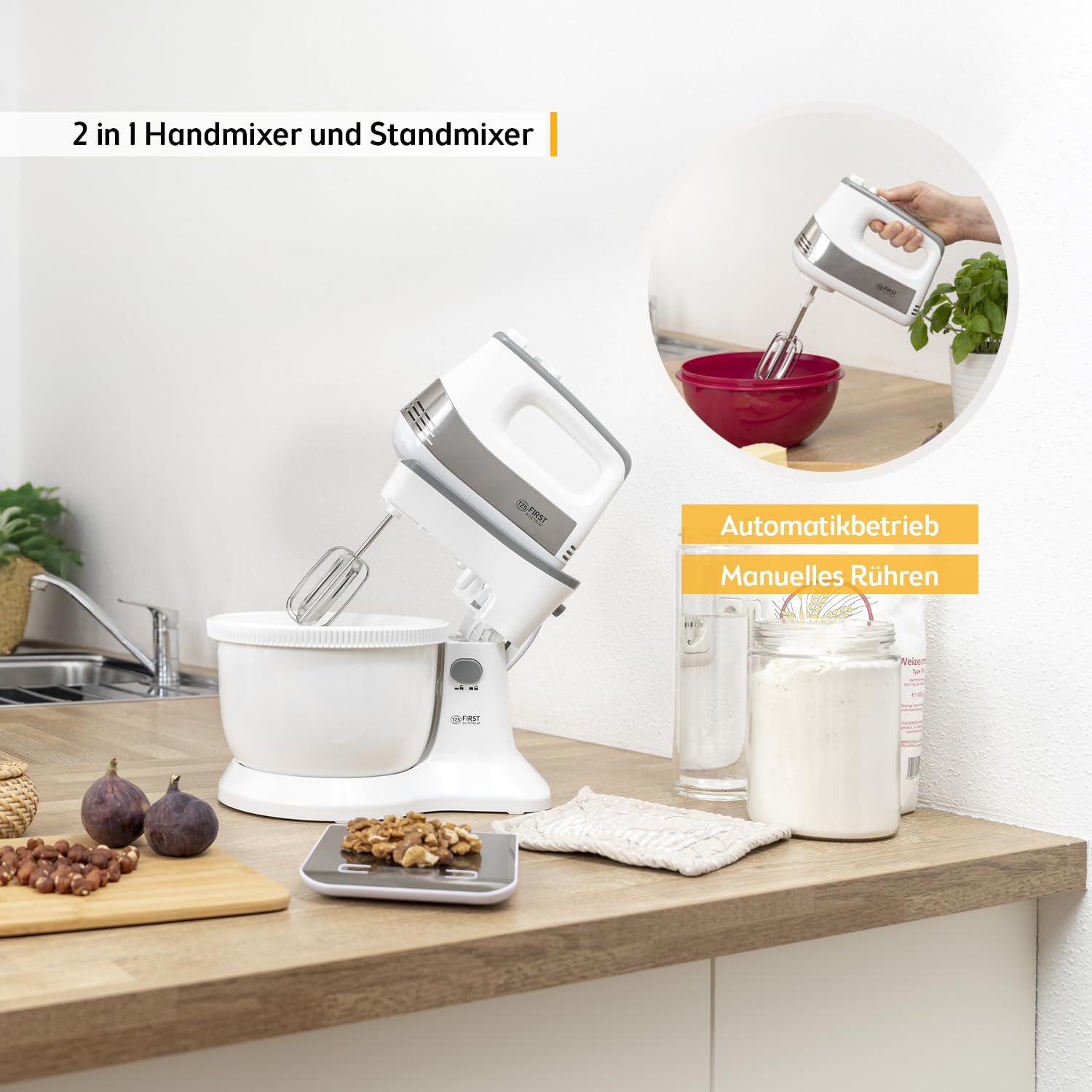 TZS First Austria 2 in 1 Handmixer und Standmixer | 3,4L | Automatikantrieb | 500W | 5 Geschwindigkeiten | Turbofunktion | mit Knethaken + Rührbesen