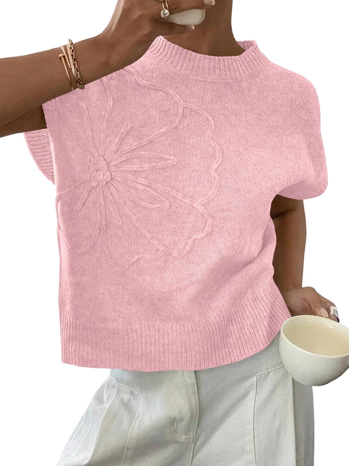 Saodimallsu Womens Short Sleeve Sweater Trendy Floral Pullover Sweaters Summer Casual Crewneck Lightweight Knit Tops