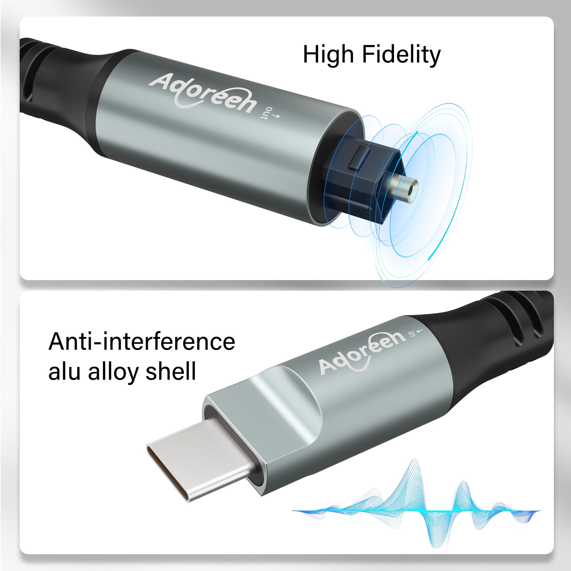 Adoreen Cable de audio óptico digital USB C a Toslink de 10 pies, USB 2.0 macho a puerto SPDIF macho, adaptador de fibra óptica, trenzado para TV/barra de sonido, Sony PS5, altavoces y cine en casa