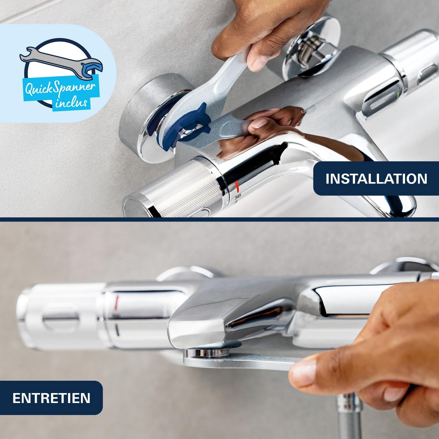 GROHE Dice Mitigeur de Douche (Montage mural apparent, Clapet anti-retour, Protection contre les retours d'eau, Facile à Installer grâce à la clé de montage QuickSpanner incluse), Chrome, 101874000
