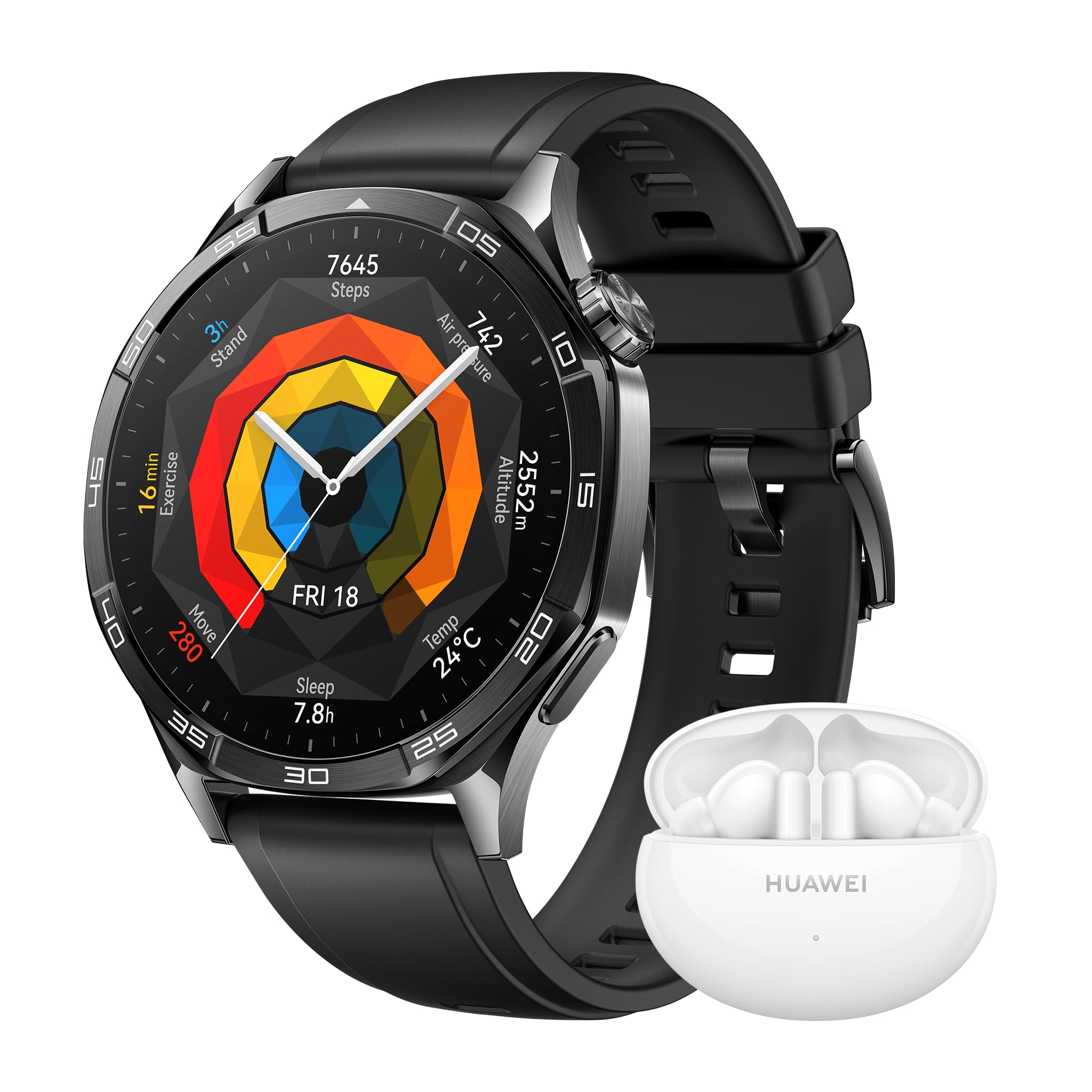 HUAWEI WATCH GT 5 46mm Smartwatch,Design elegante, Nuova modalità corsa e ciclismo, Monitoraggio della salute, 14 giorni1 di durata della batteria, iOS e Android, Nero + FreeBuds 5i Bianco