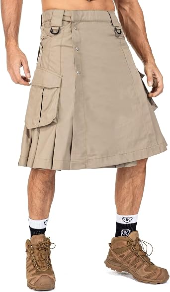 Mens Kilt for Men, Camo Scottish Outdoor Utility Pleated Tactical Kilt, 23" Pleated Irish Hybrid Kilt with Pockets 0911 Khaki 34