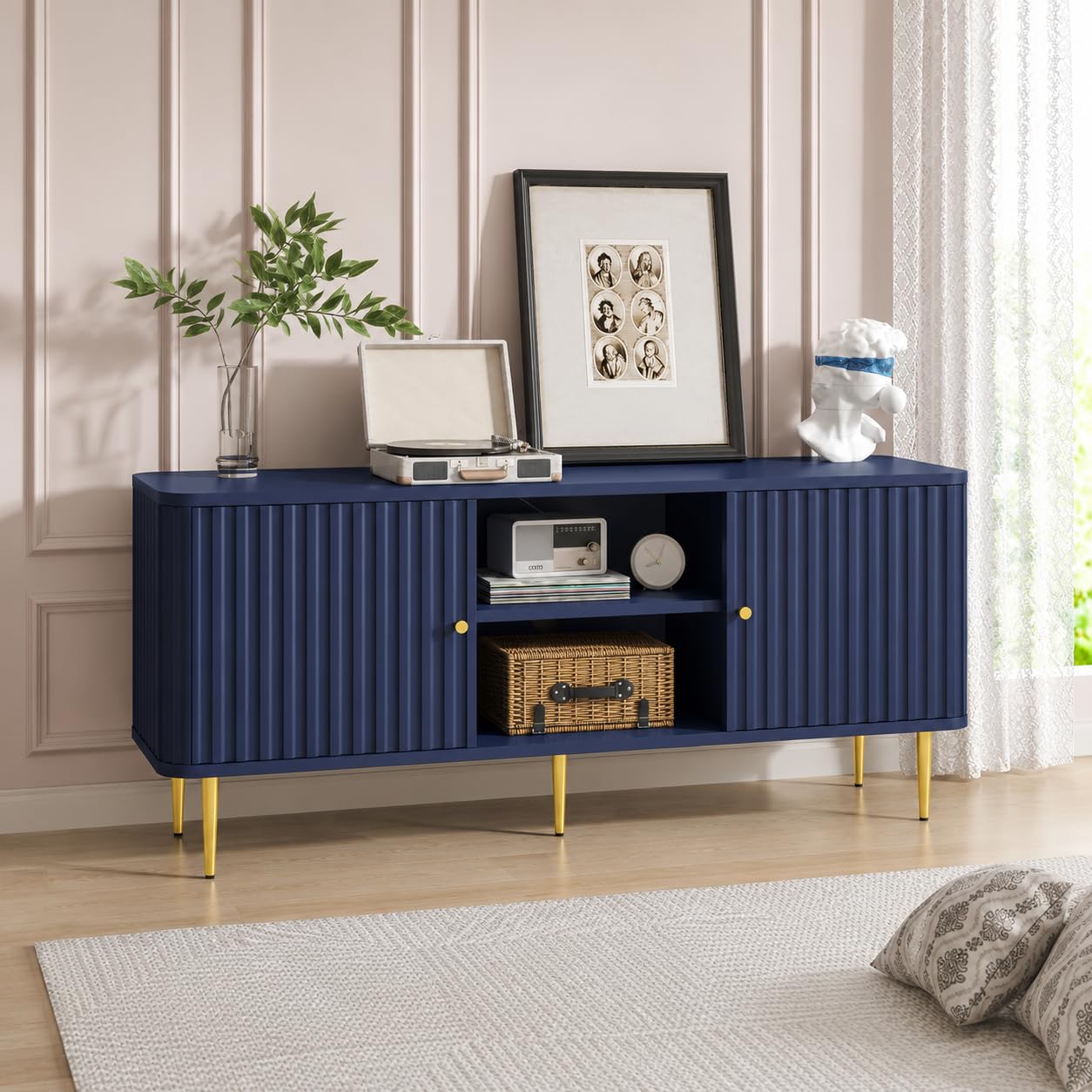 ARTPOWER 55” Fluted TV Stand, Mid Century Modern Blue TV Stand for 55/60/65 inch TV, Entertainment Center with Storage, Television Stands, TV Console, Media Console for Living Room, Bedroom (Blue)-image-39