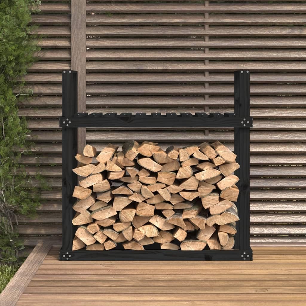 Regał na drewno kominkowe, czarny, 110 x 35 x 108,5 cm, regał na drewno opałowe z litego drewna sosnowego do przechowywania drewna kominkowego, stojak na drewno kominkowe do salonu, ogrodu
