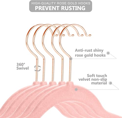 Miniatura 4 de MIZGI Perchas de terciopelo prémium para niños (paquete de 50) con ganchos de cobreoro rosa, ultra finas que ahorran espacio, perchas