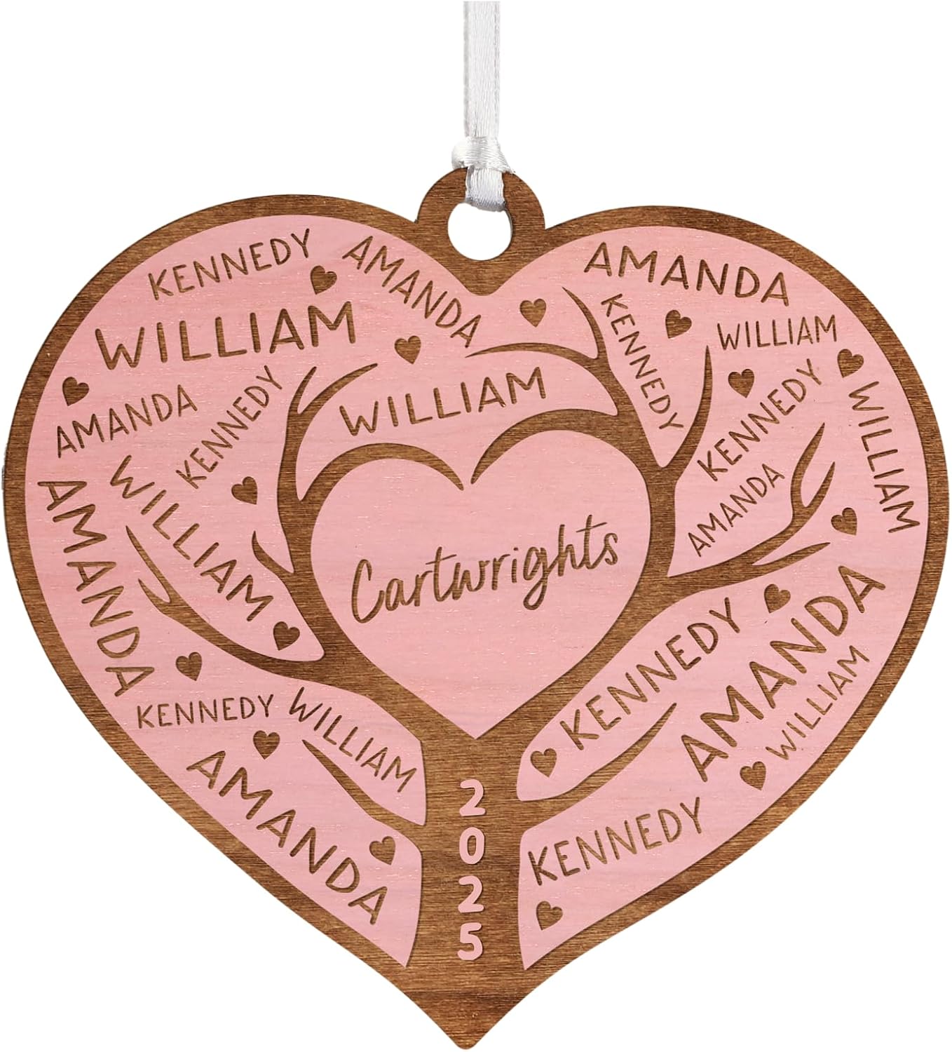 Personalization Universe Family Tree of Love Personalized Wood Ornament - Christmas Decorations - 21 Names - Whitewash Maple - Ribbon Included - Unique for 2025