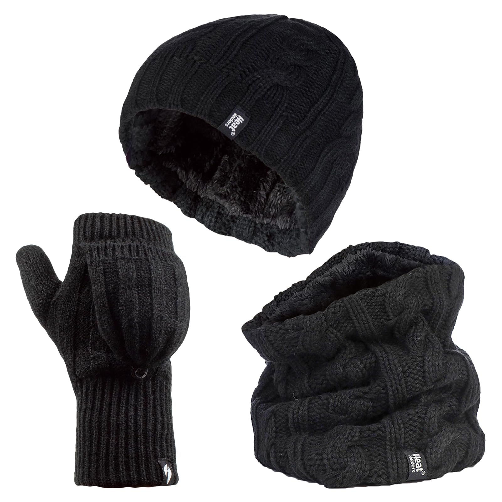 Heat Holders Ladies Fleece Lined Thermal Winter Hat, Neck Warmer & Converter Gloves Set - Black - One Size