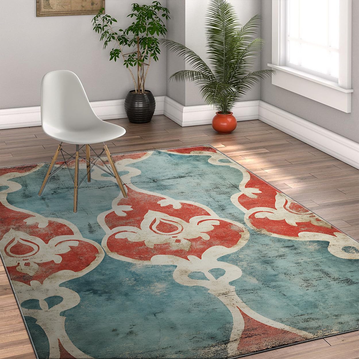 Tapis vintage oriental doux à poils ras bleu et rouge tapis lavable de 80x120 cm