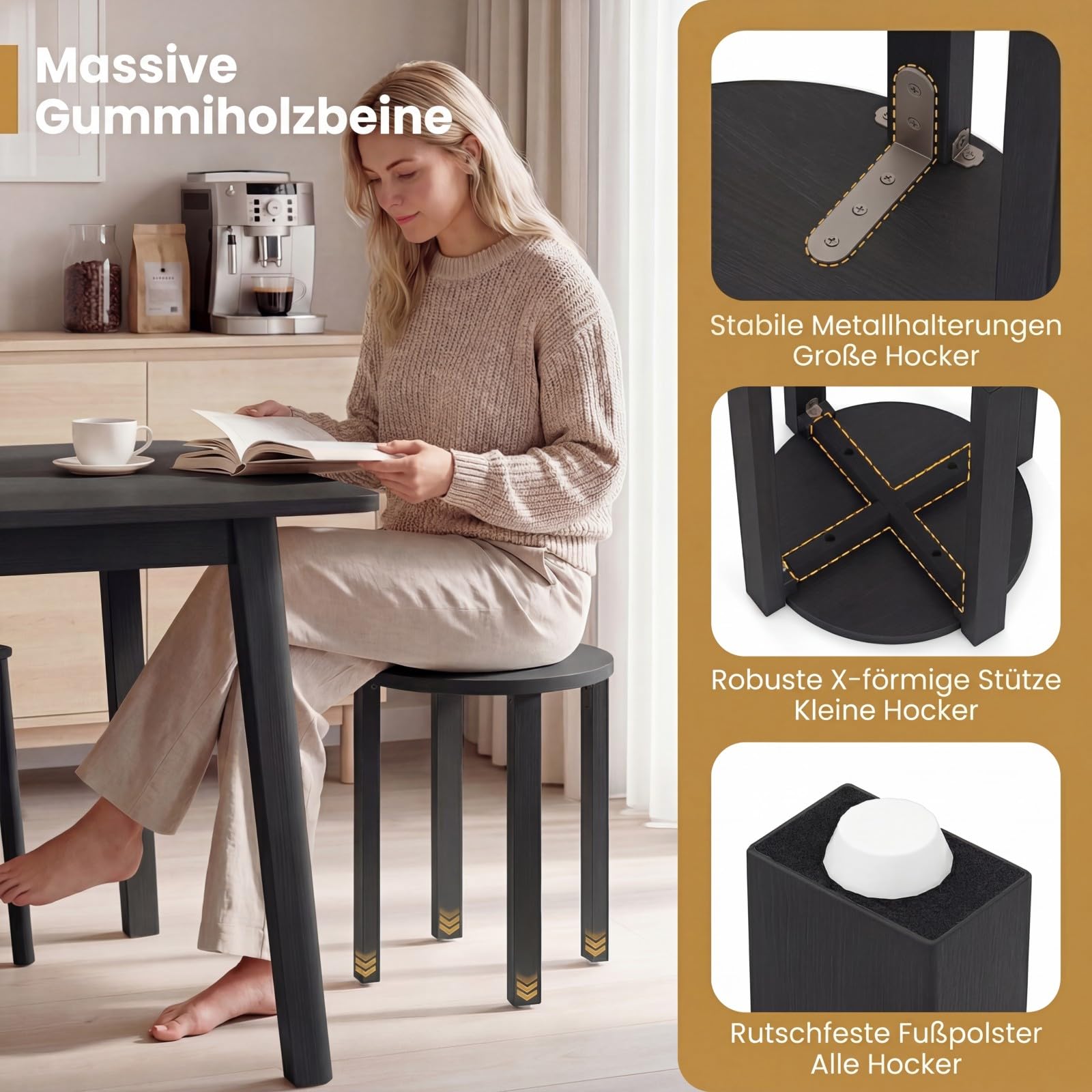 COSTWAY 4er Set Esszimmerhocker stapelbar, Stapelhocker mit Massivholzbeine & Rollenbasis, platzsparende holzstapelhocker, Holzhocker rund für Klassenzimmer, Küche, Wohnzimmer (Schwarz)