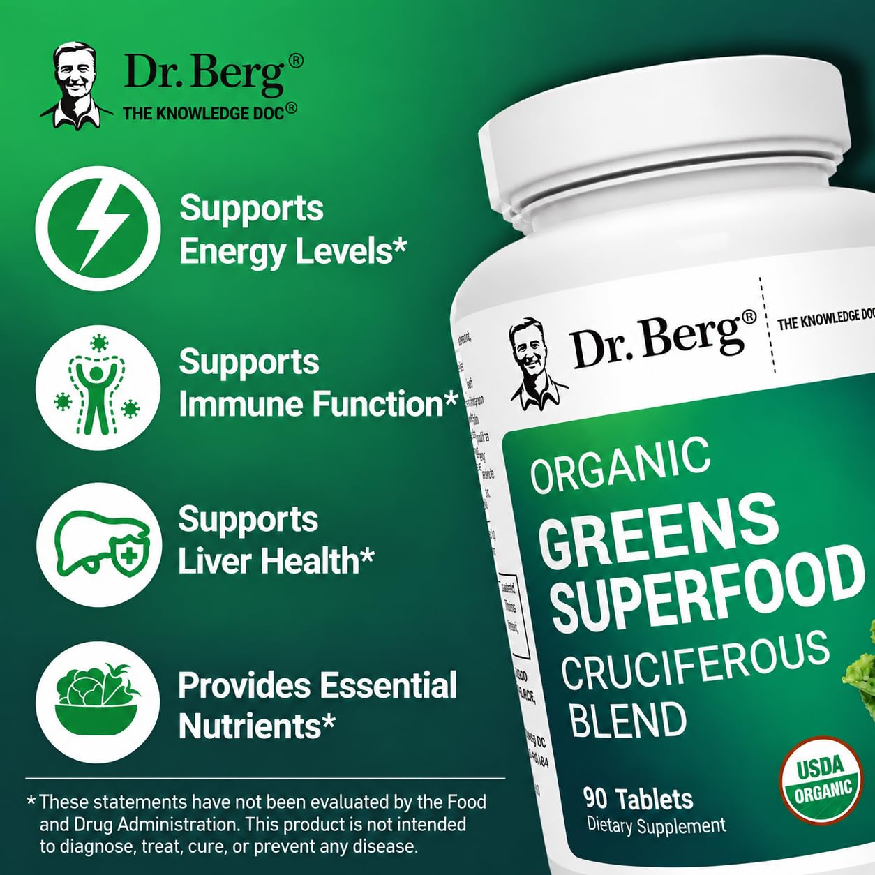 Dr. Berg's Greens Superfood Cruciferous Vegetable Tablets - Vegetable Supplements for Adults w/ 11 Phytonutrient Super Greens - Energy, Immune System & Liver Veggie Tablets - 90 Tablet — Amazon image 3