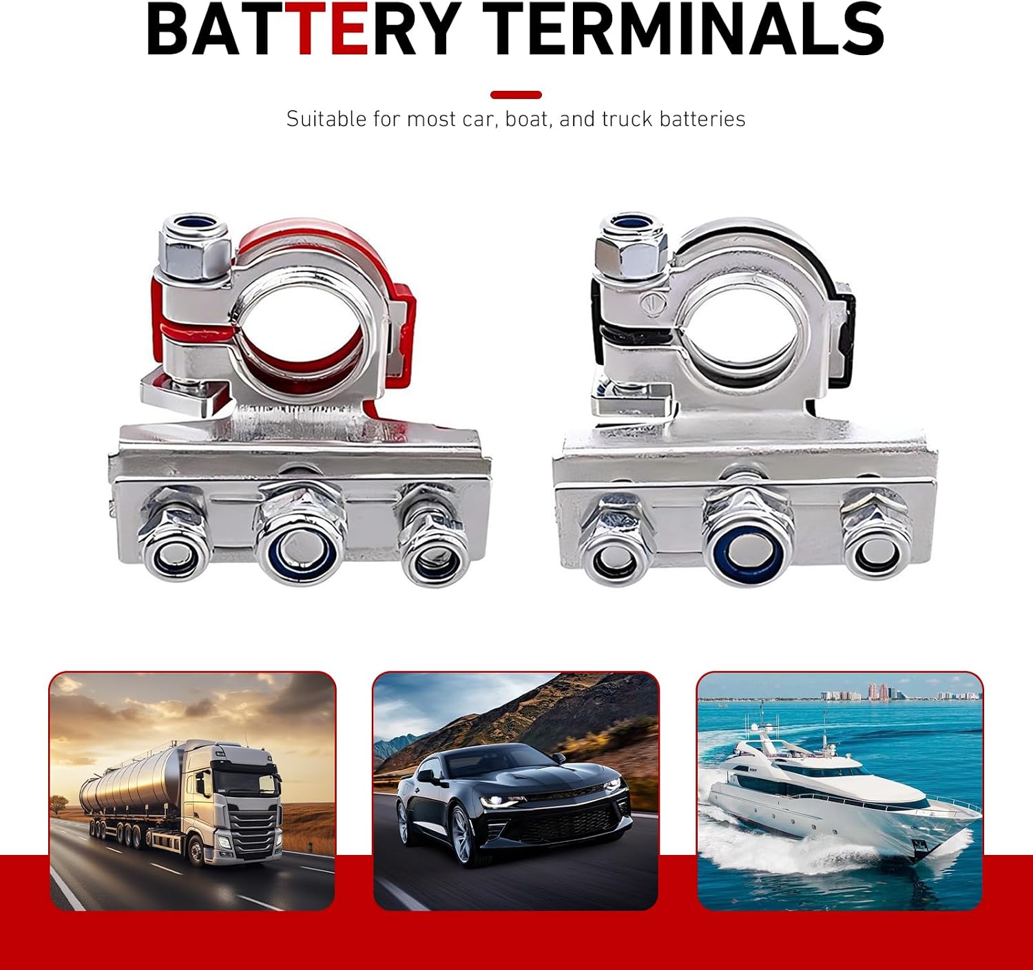 2Pcs Battery Terminal Connectors with 3 Way, 12V Auto Top Post Battery Wire Cable Terminals Clamp Connectors Kit, Universal Positive Negative Cable Clamp Set for Car Truck Van Boat(Silver)