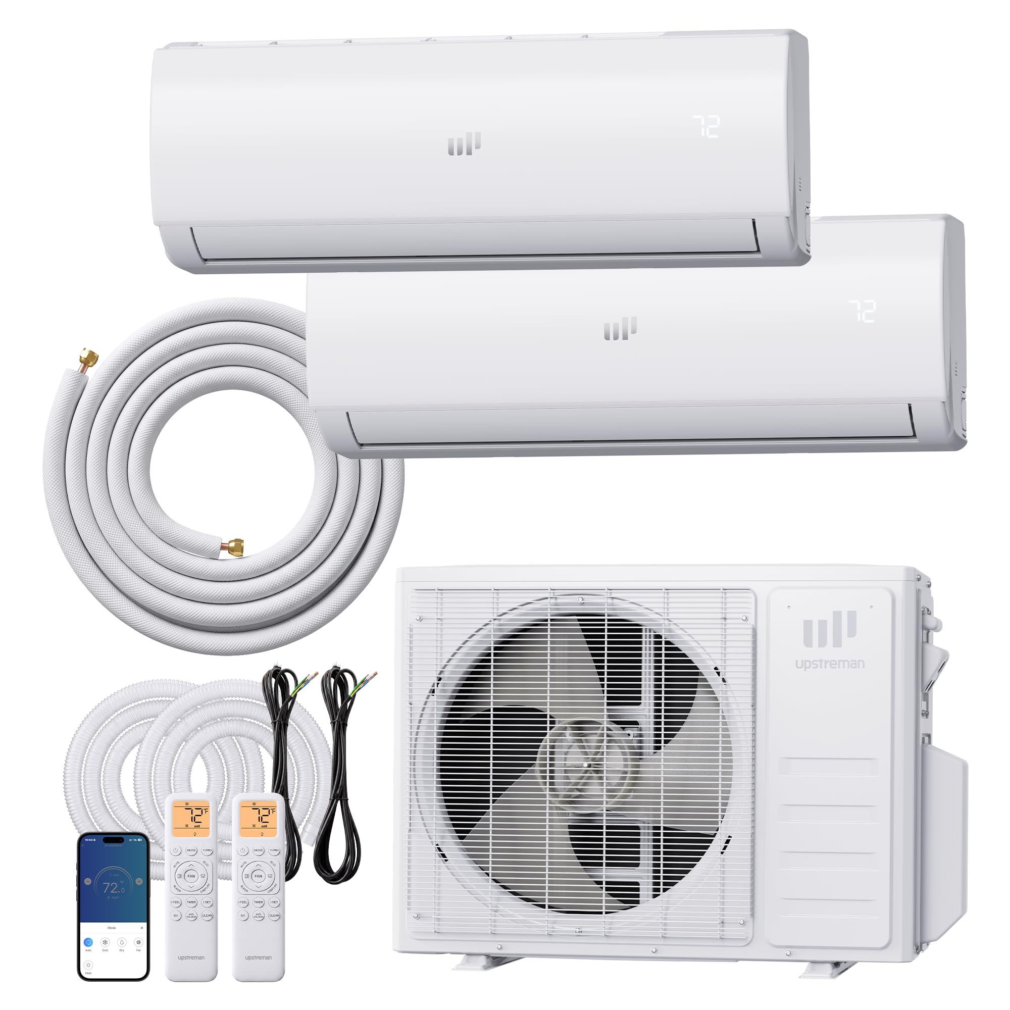 Upstreman 2 Zone Mini Split with Heat Pump, 20000 BTU 23 SEER2 230V, Inverter Independent Zone Temp Control, Ductless, Pre-Charged Condenser, Installation Kit, WiFi Enabled, 9000 BTU + 12000 BTU