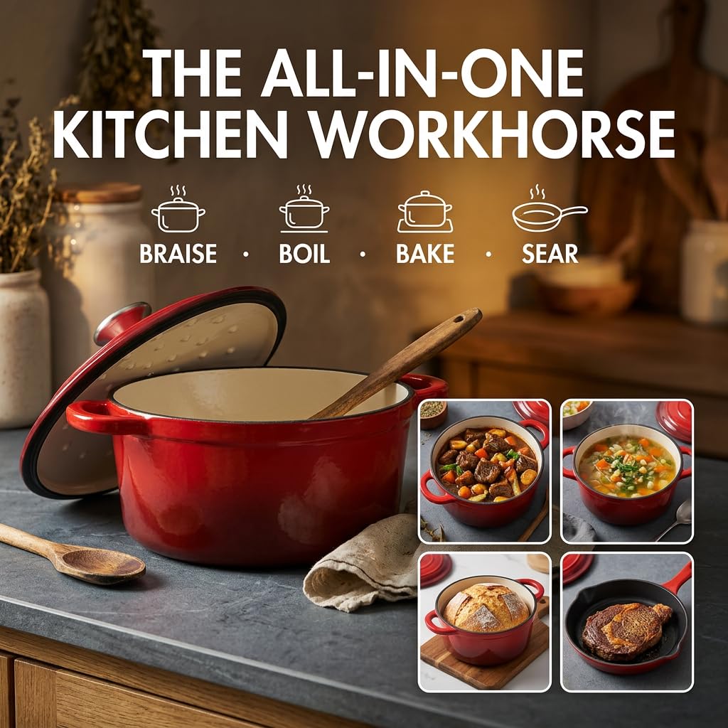 Forno olandese in ghisa con coperchio, pentola da 2 l/Ø 20 cm, smaltata, antiaderente, casseruola rotonda compatibile con tutti i fornelli e forni (rosso)
