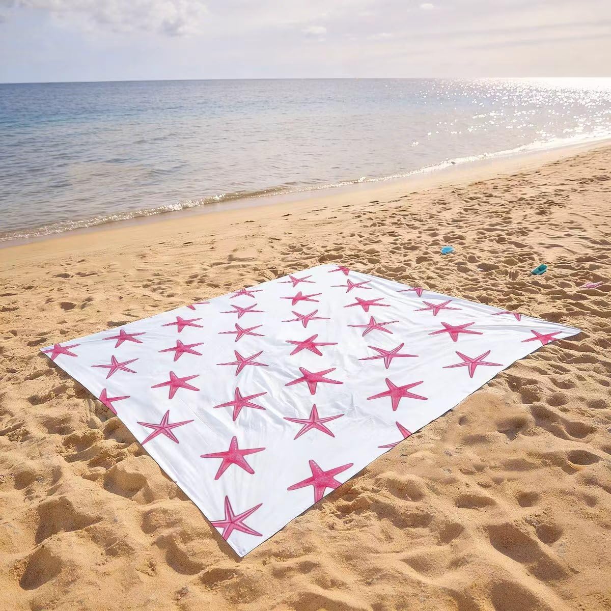 95''×73'' Oversized Beach Blanket, Sandproof Waterproof Cute Pink Starfish Extra Large Beach Mat for 6-8 Adults, Compact Foldable Picnic Mat for Outdoor, Travel, Camping