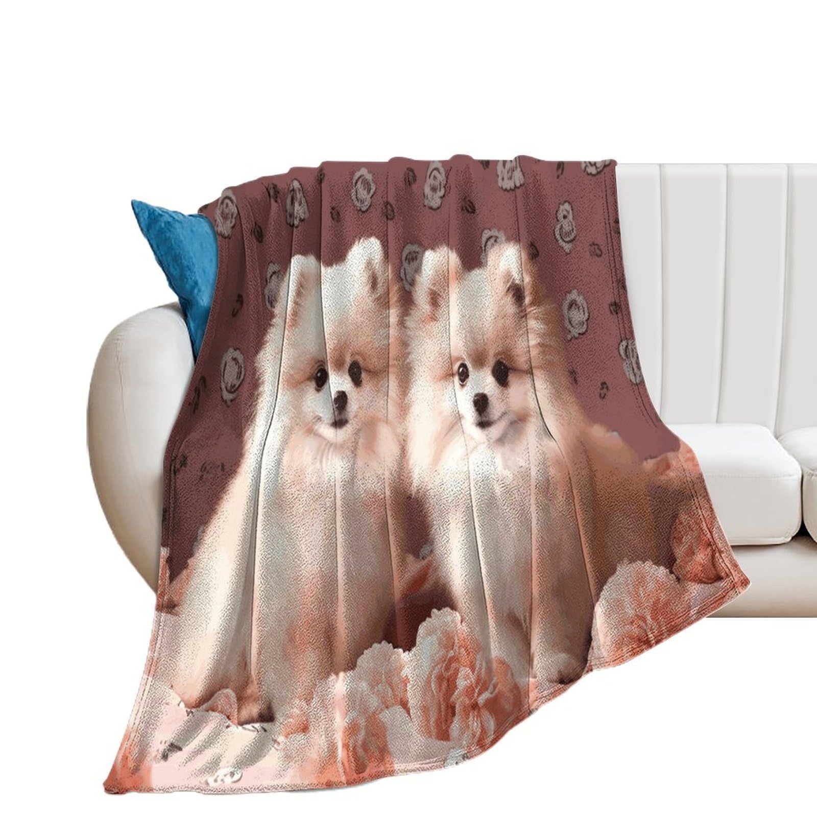 Couverture en flanelle motif chiots de Poméranie pour canapé-lit, jeté doux 167x228 cm