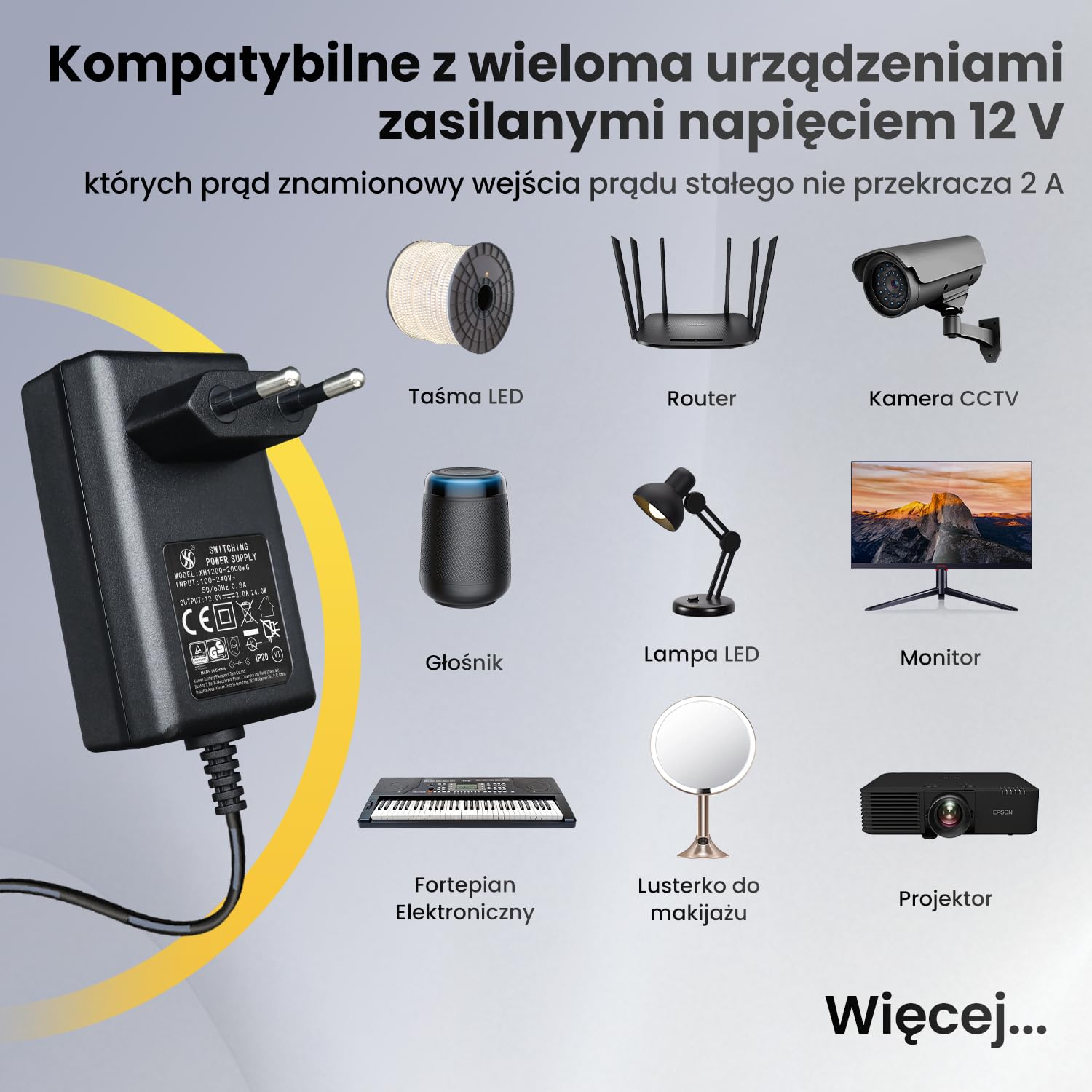 Zasilacz 12 V, 2 A, 1,8 m, adapter przełącznika AC DC (wejście 100-240 V, wyjście 12 V 2A), gniazdo transformatora do montażu na ścianie z 8 wymiennymi gniazdami, certyfikat CE