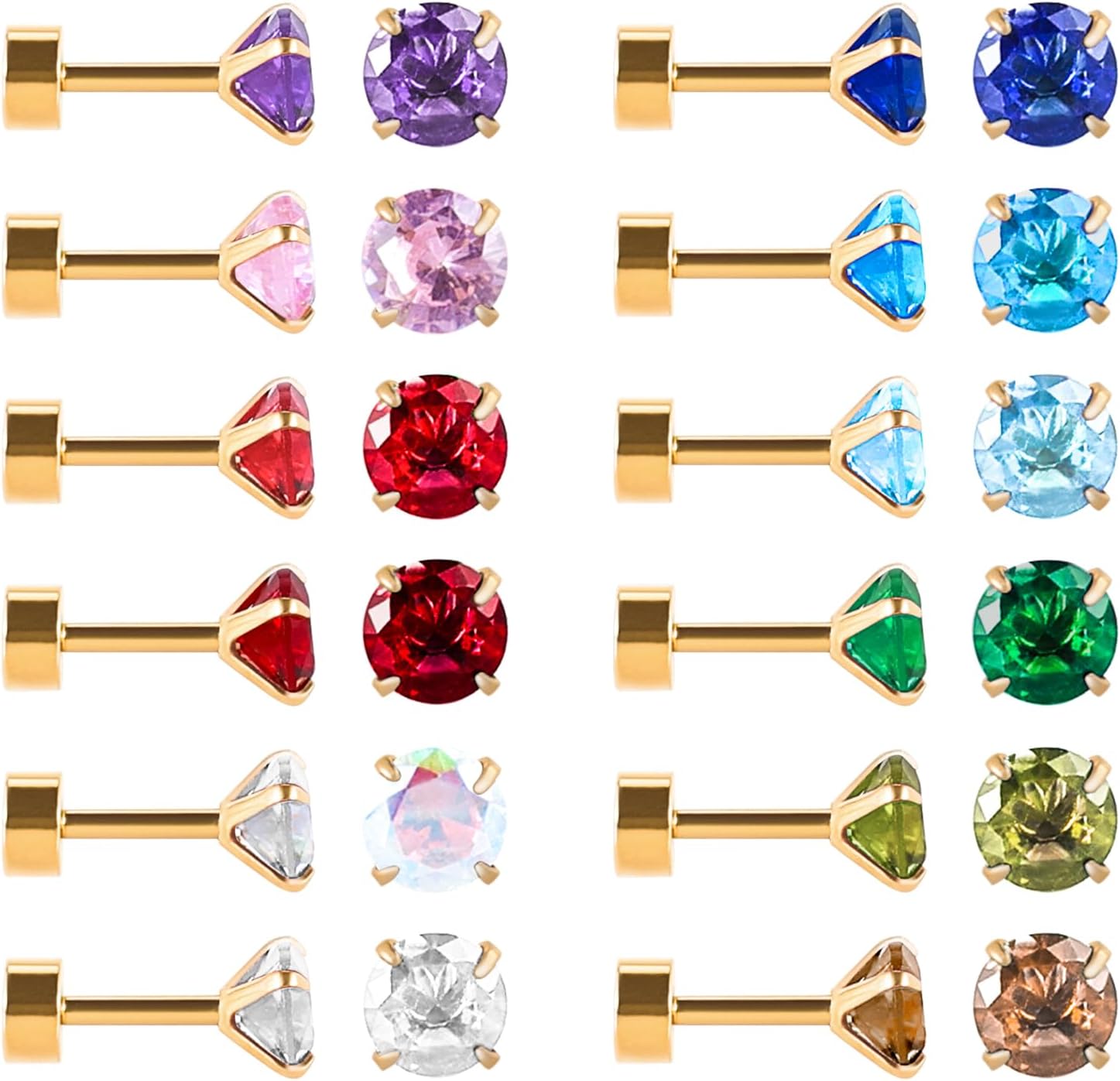 12 Pairs Surgical Stainless Steel Flat Back Screw Back Round Heart Star Square Teardrop Cubic Zirconia Birthstone Stud Earrings Set for Women