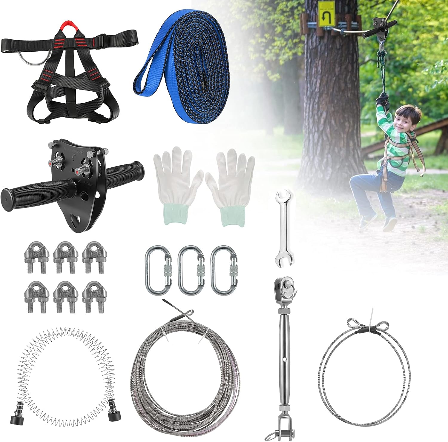 Zipline Kits for Backyards, Zipline Trolley for Kids and Adults Outdoor, Half Body Safety Belt with Spring Brake, 80ft Line up to 330 lbs Outdoor Playground Entertainment
