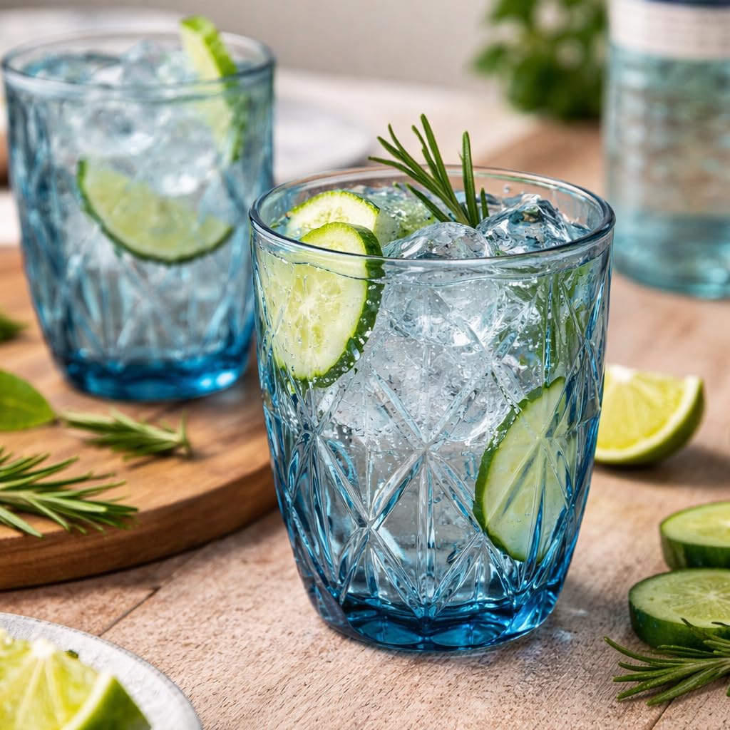 Pack 6 Vasos de Cristal Azul 300 ml – Vasos para Agua y Refrescos Diseño Diamante, Cristal Resistente – Aptos Lavavajillas, No Pierden Brillo – Vasos Apilables Elegantes para Mesa, Cocina y Cócteles