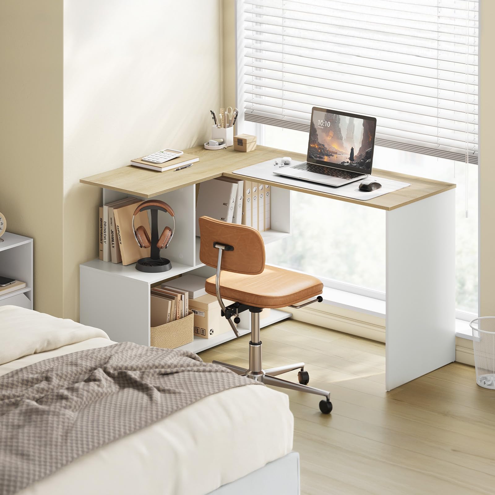 WOLTU Scrivania Angolare, 120x100 cm Scrivania a Forma di L con Libreria, Bianco+Rovere Chiaro, Scrivania Ufficio per Computer, Tavolo da Lavoro, Studio and Soggiorno