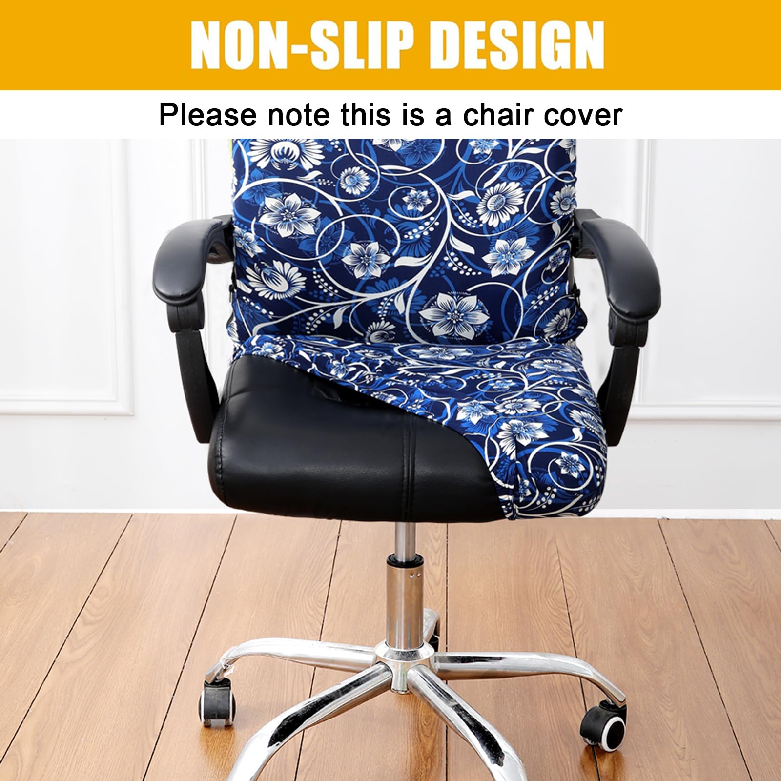 Funda protectora para silla de oficina, cubierta estampada y elástica para silla, removible, lavable, resistente al polvo con cremallera, ajuste universal (grande, floral azul marino) 2