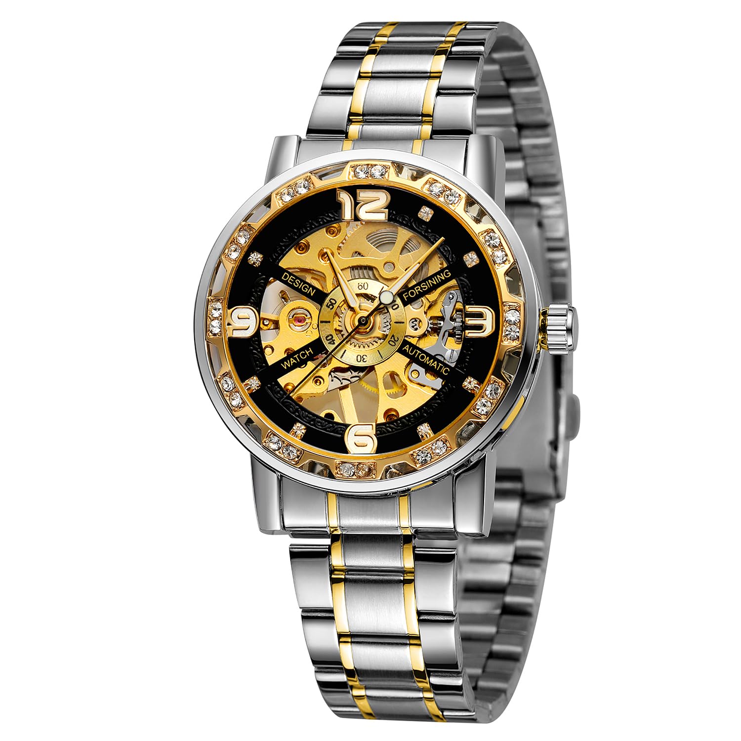 W WOLF-CUB Diamond Skeleton Automatic Mechanical Watch Stainless Steel Mesh Band Luminous Hand Men Watches Sport Business Wristwatch (Gold&Black)