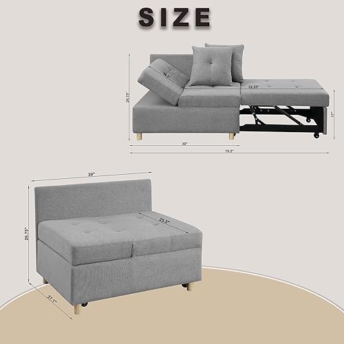 Miniatura 2 de Otomana plegable, sofá cama multifunción 4 en 1, sofá cama con 2 almohadas, silla convertible de lino con respaldo ajustable, sofá cama moderno para