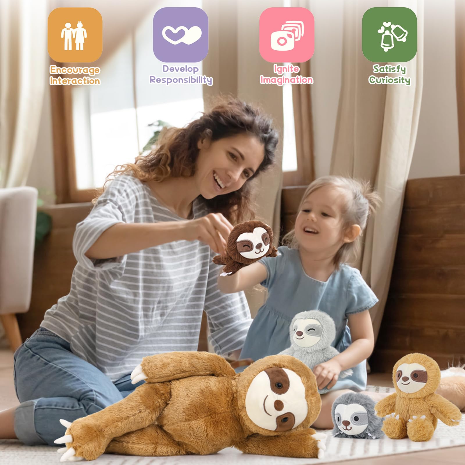 MorisMos Zestaw 5 pluszaków w rozmiarze XXL, 56 cm, olbrzymi leniwiec, przytulanka z 4 dziećmi w brzuchu, duża pluszowa maskotka lalka Slothteddy, prezent dla niemowląt, dziewczynek