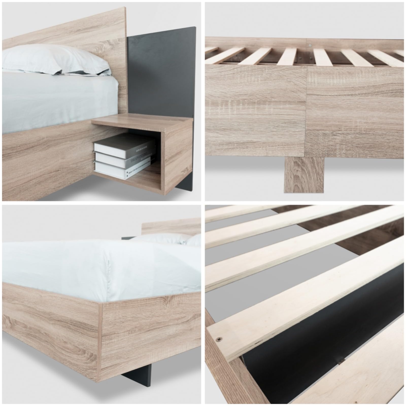 KOMHTOM Lit Double avec 2 Tables de Nuit,Moderne Table de Chevet en Une pièce lit en Bois avecSommier à Lattes, Cadre de Lit Plateforme pour Adultes, Adolescents(sans Matelas) (160 x 200cm)