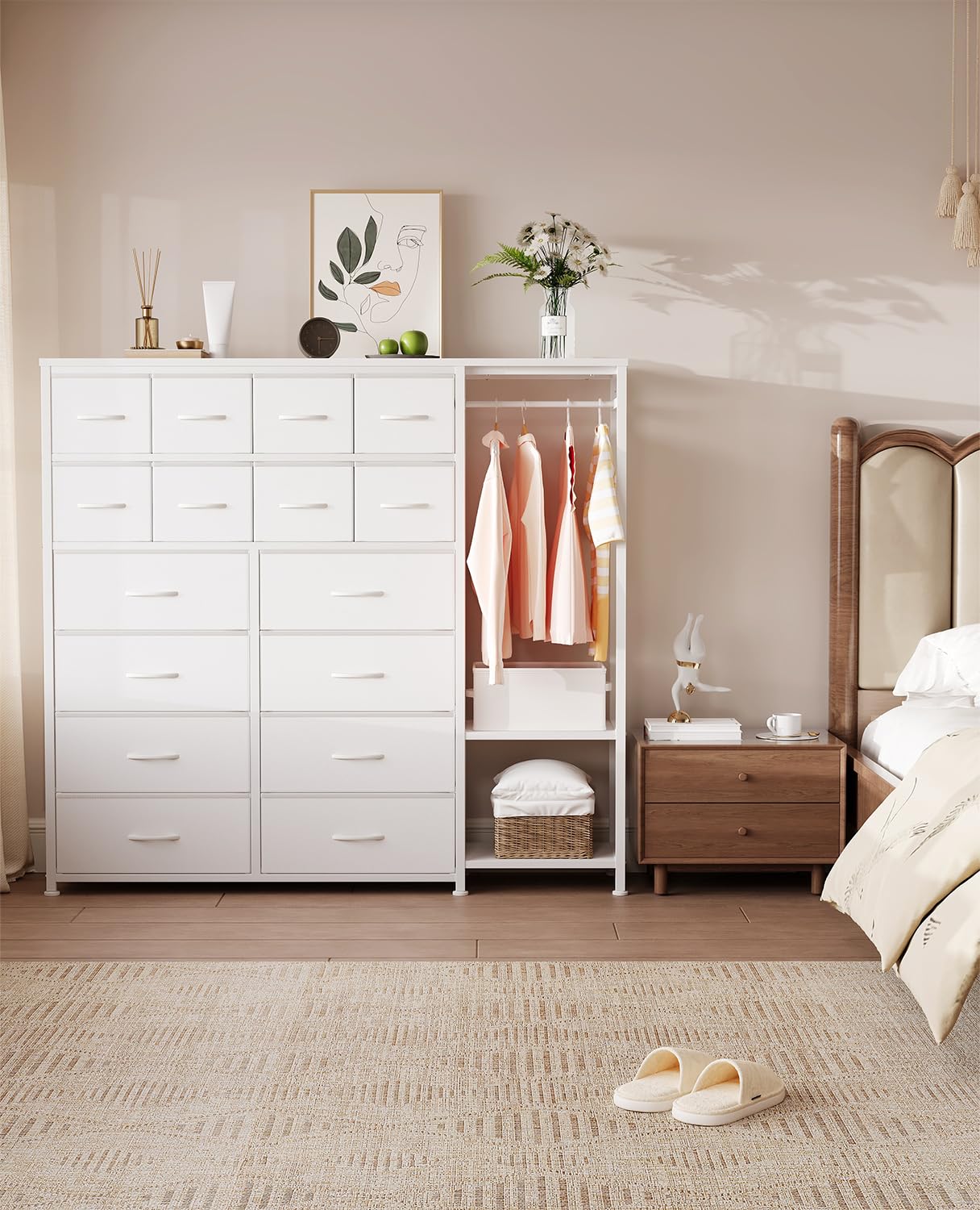 Garvee Commode De Rangement 16 Tiroirs avec Penderie Et Étagères – Organiseur en Tissu pour Chambre, Dressing Ou Entrée, Blanc