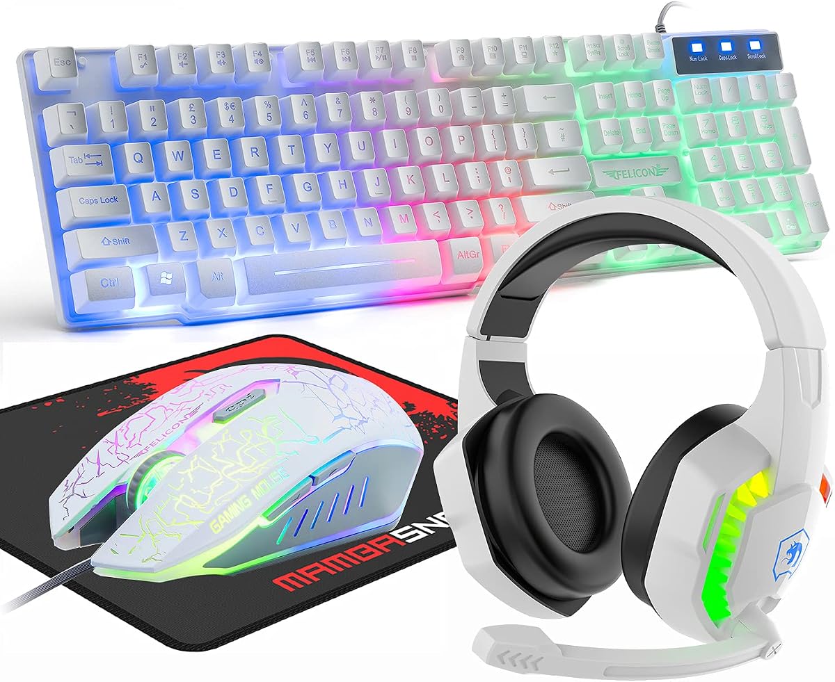 Combinación de auriculares con teclado y mouse para juegos con cable, teclado con cable con retroiluminación LED arcoíris, auriculares supraaurales con micrófono, ratones para juegos con retroiluminación arcoíris, alfombrilla para mouse, para PC, computadora portátil, Mac, PS4, Xbox (blanco)