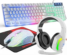 Wired Gaming Keyboard and Mouse Headset Combo,Rainbow LED Backlit Wired Keyboard,Over Ear Headphone with Mic,Rainbow Backlit Gaming Mice,Mouse Pad,for PC,Laptop,Mac,PS4,Xbox(White)