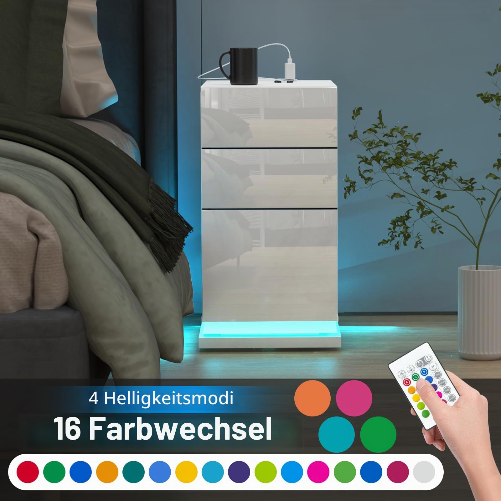 Nachttisch Schmal Weiß, Led Nachttischh für Schlafzimmer, Beistelltisch mit 3 Schubladen,16 Farben LED Nachttisch,Wohnzimmer, Schlafzimmer, Arbeitszimmer 50x30x63 cm