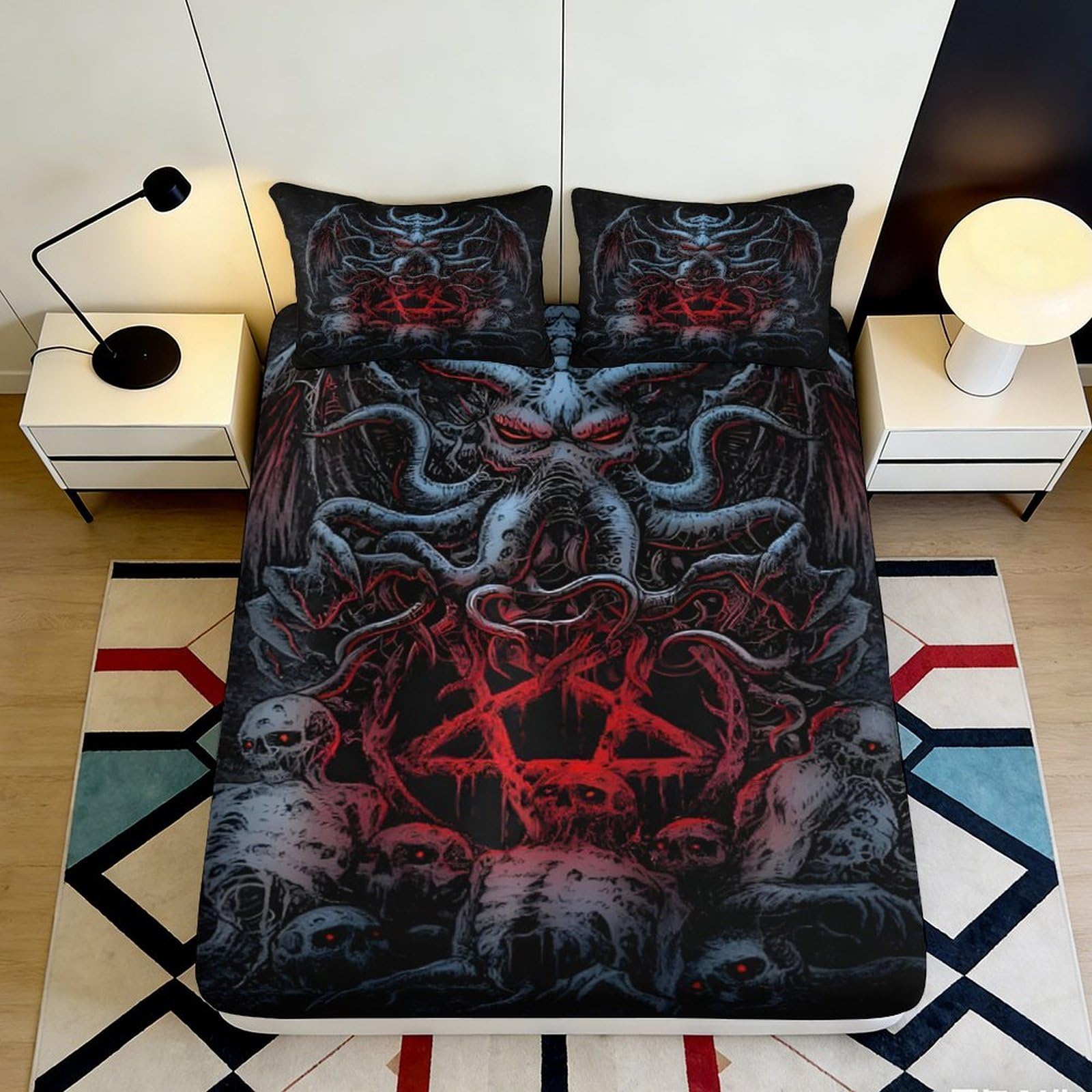 3D Printed Cthulhu Tentacle Fitted Sheet Microfiber Gothic Skull Bed Cover for Bedroom Dorm Mattress Protection Decor, Machine Washable 90x200x25cm