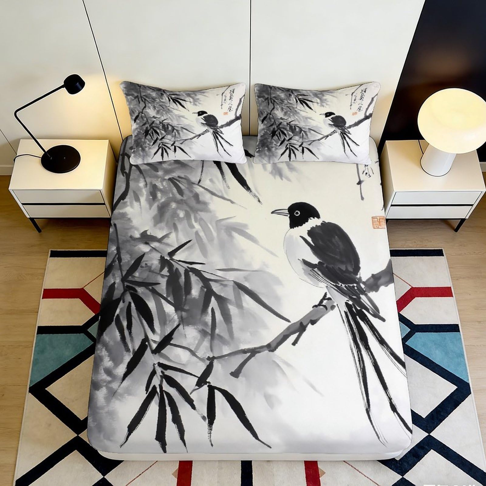 3D Printed Bamboo Bird Fitted Sheet Microfiber Soft Artistic Black White Bed Cover for Bedroom Guest Room Decor 90x200x25cm