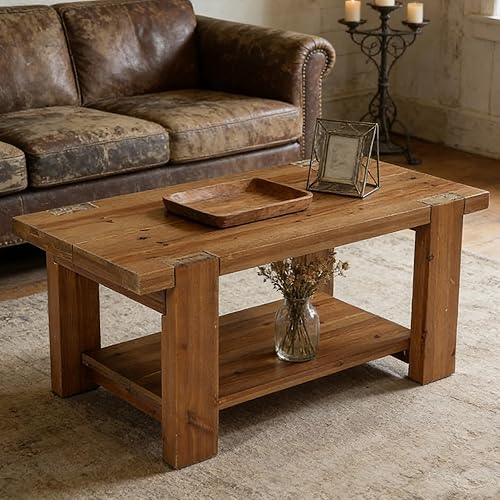 Miniatura 5 de Mesa de centro de madera maciza con estante de almacenamiento de 2 niveles, mesa central rectangular de granja de 47.2 pulgadas para sala de estar,
