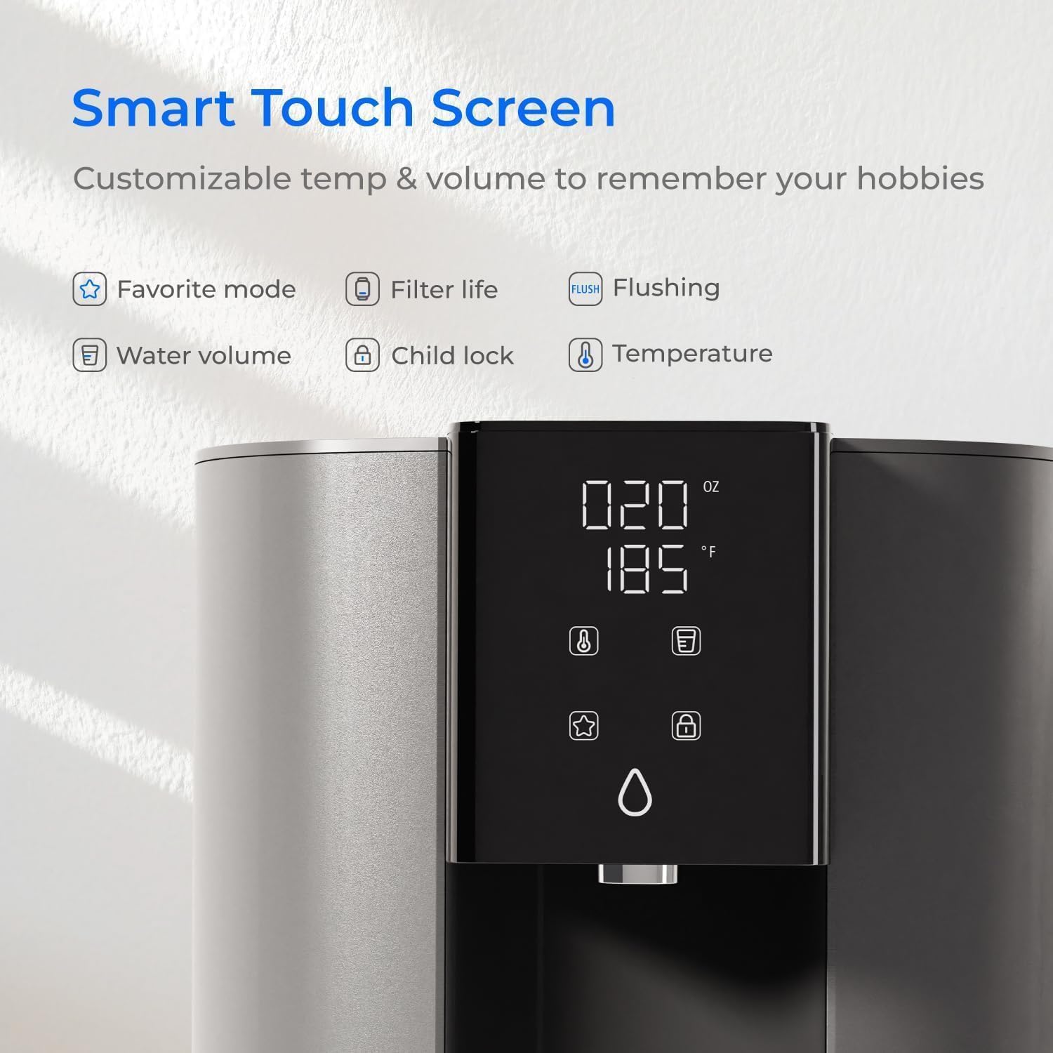 Two images showing the Waterdrop C1H dispensing water. One shows various temperature options for different uses like baby formula, tea, and oatmeal. The other shows a person filling a glass bottle, indicating water volume options.