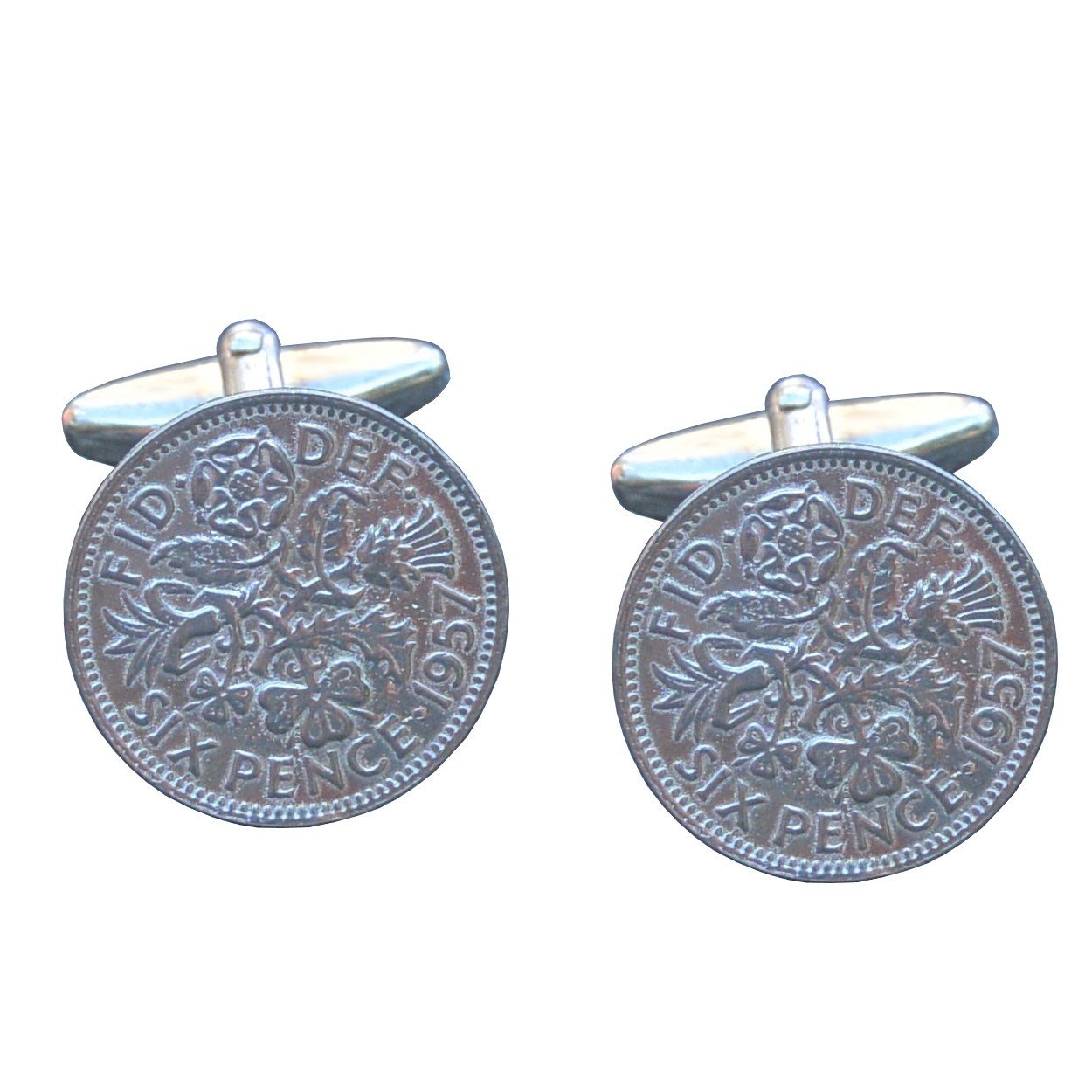 Gemelli Moneta Inglese Sei Pence 1957 – Fatti A Mano In Peltro Da William Sturt. Eleganti, Lunghezza 1,8 Cm. Idea Regalo Per Anniversario, In Confezione Regalo.