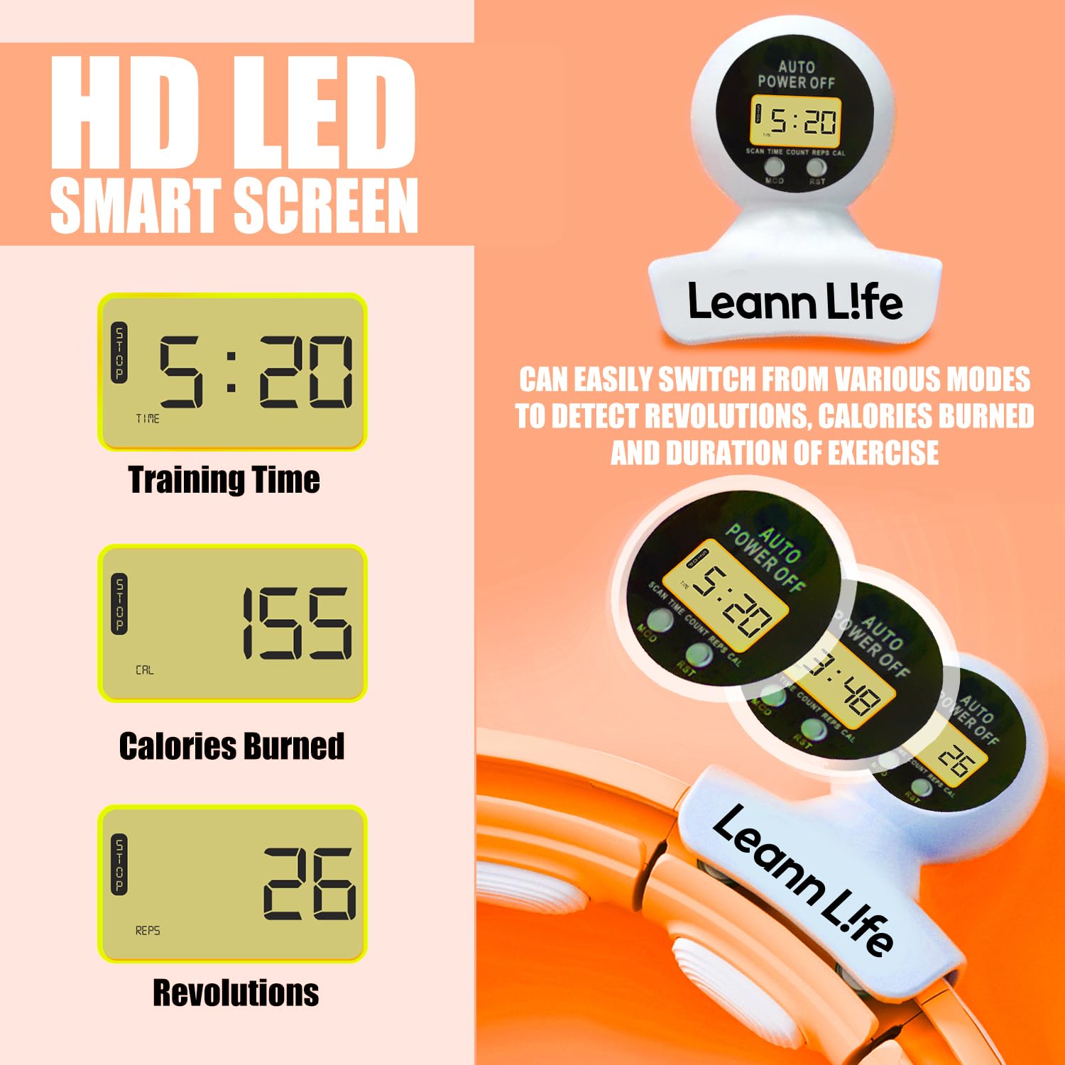 U5-16 nodi con contatore, U5 Silent Smart ponderato Hula Hoop per adulti perdita di peso Infinity Hoop Plus Size, esercizio fitness a casa all'aperto, tonificante addominale, (arancione -