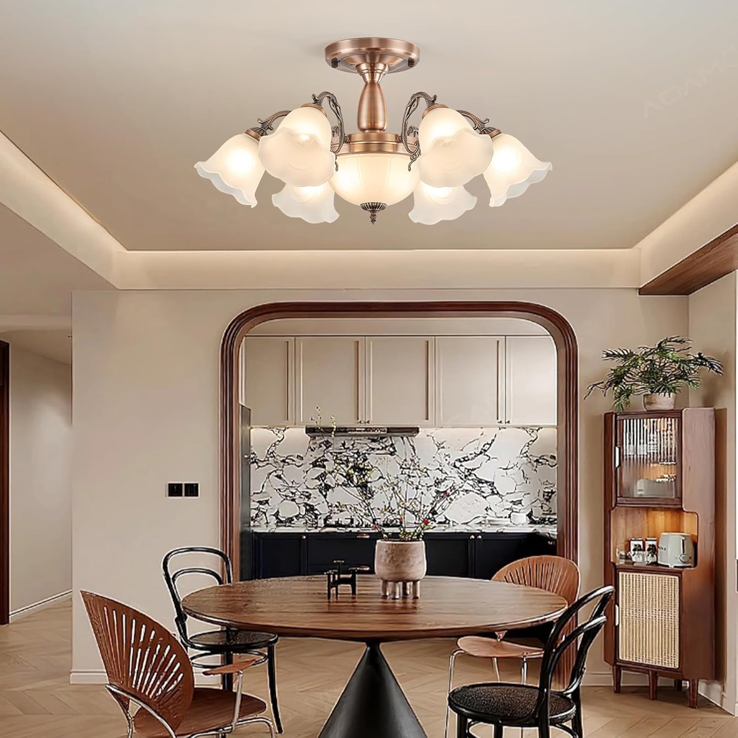 Mid-Century Modern Ceiling Light Red Chrome Nickel Semi Flush Mount Ceiling Lamp with Flower Frosted Glass Shades Chandelier Farmhouse Ceiling Lighting for Bedroom Kitchen Island Dining Room Entryway
