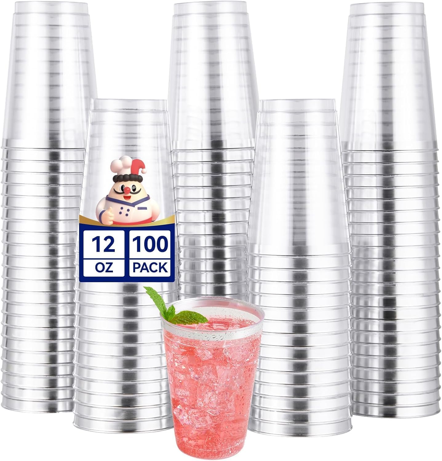 JOLLY CHEF 100 Pack Silver Plastic Cups, 12 oz Clear Plastic Cups Tumblers, Elegant Silver Rimmed Disposable Drink Glasses for Party Wedding, Thanksgiving Day, Christmas
