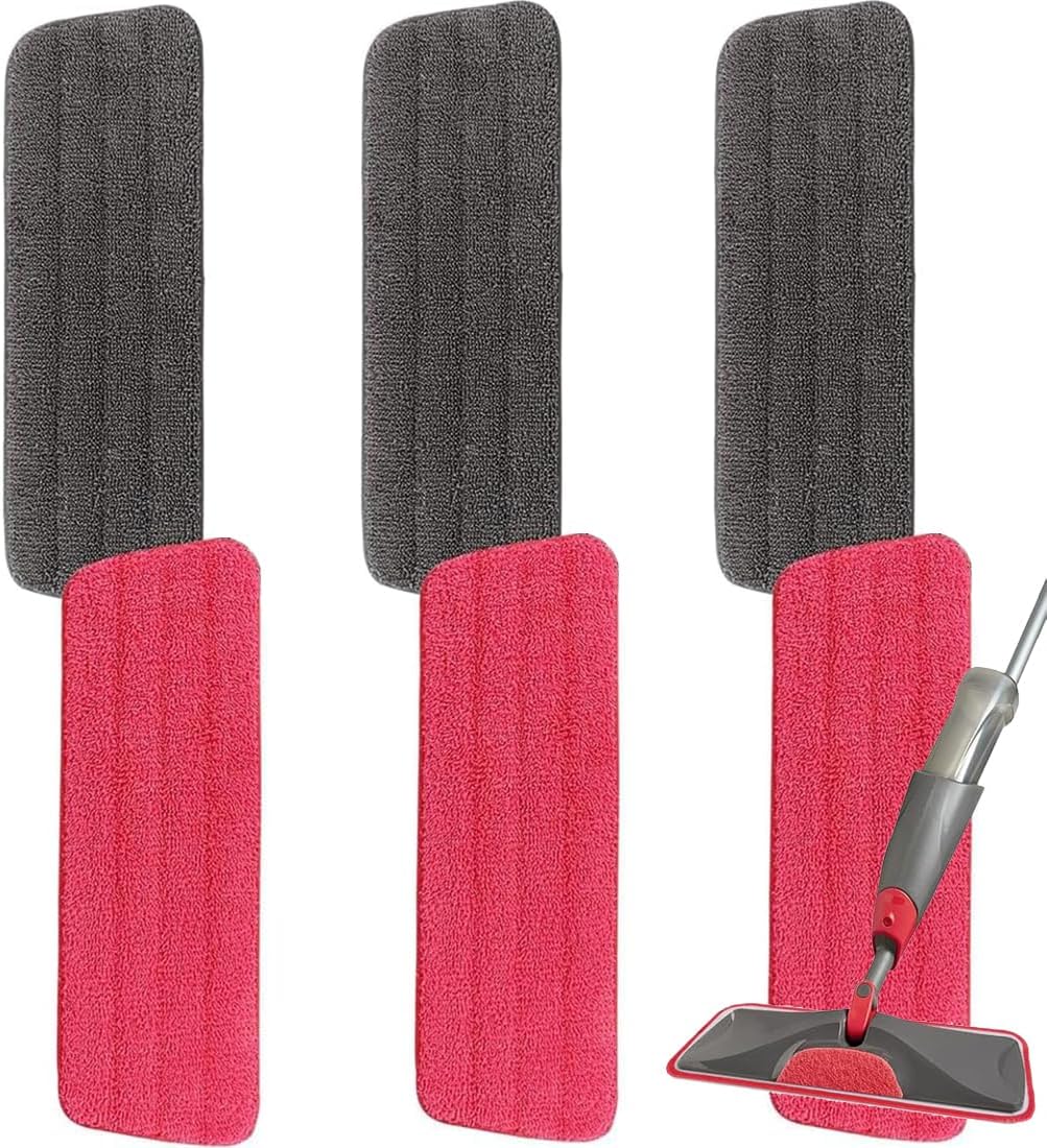 16.5 inch Microfiber Mop Pads for Rubbermaid Reveal Spray Mop and Any 16.5" Flat Mop - 6 Pack 13''-15'' Spray Mop Pad Reusable Washable Replacement Refills - Red & Grey